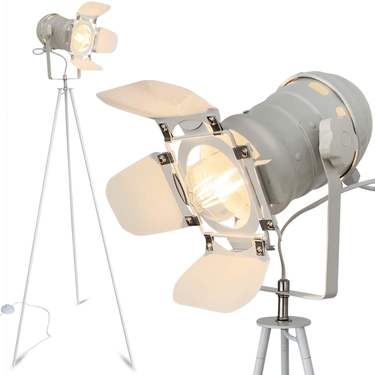 mojoliving Stehleuchte Stativ aus Metall für das Wohnzimmer Schlafzimmer Deko Tripod Retro Studio Design Stehlampe mit Dreifuss Gestell (Stativ Weiss Schirm Weiss)