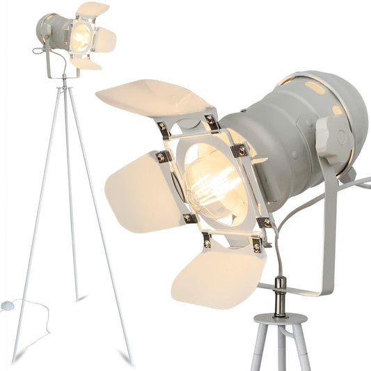 mojoliving Stehleuchte Stativ aus Metall für das Wohnzimmer Schlafzimmer Deko Tripod Retro Studio Design Stehlampe mit Dreifuss Gestell (Stativ Weiss Schirm Weiss)