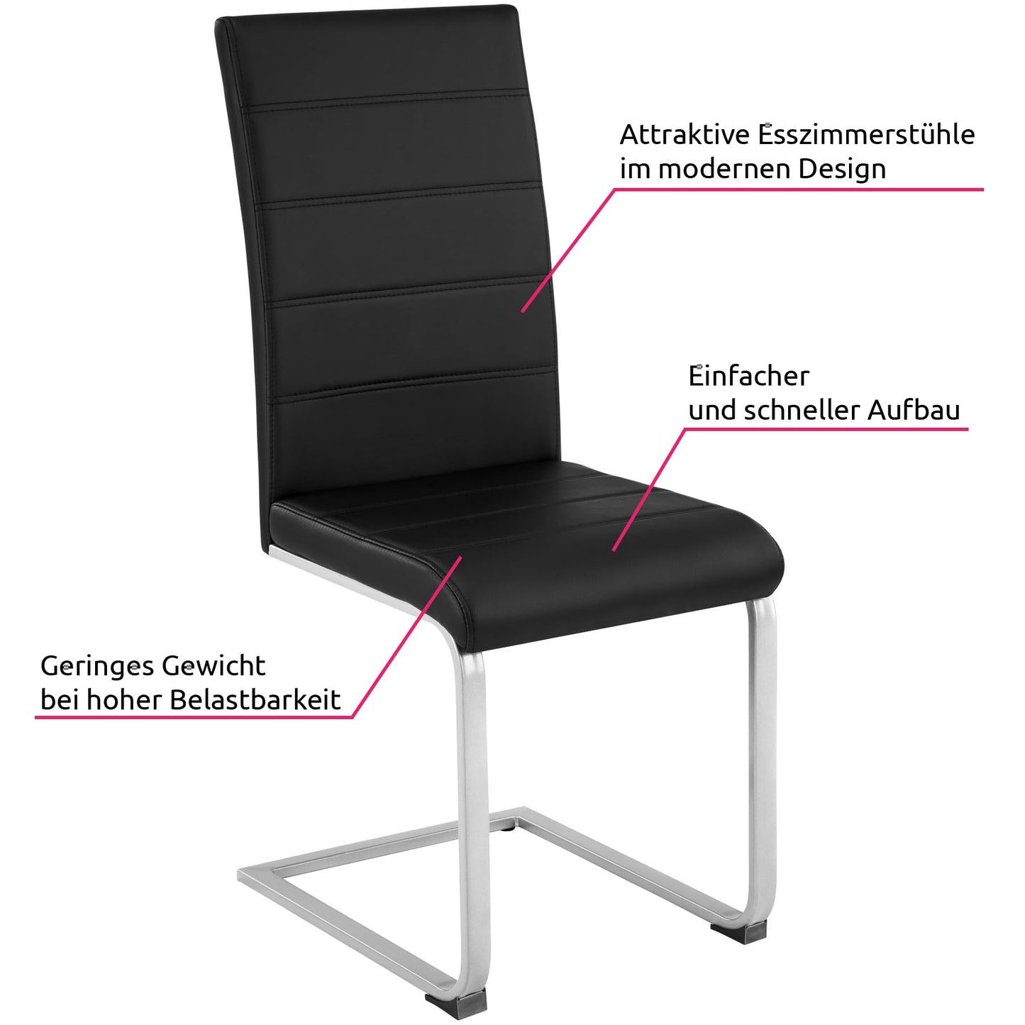 tectake Freischwinger Schwingstuhl, Stuhl 6er Set, Moderne Esszimmerstühle oder Küchenstühle mit strapazierfähigem Kunstleder Bezug - schwarz