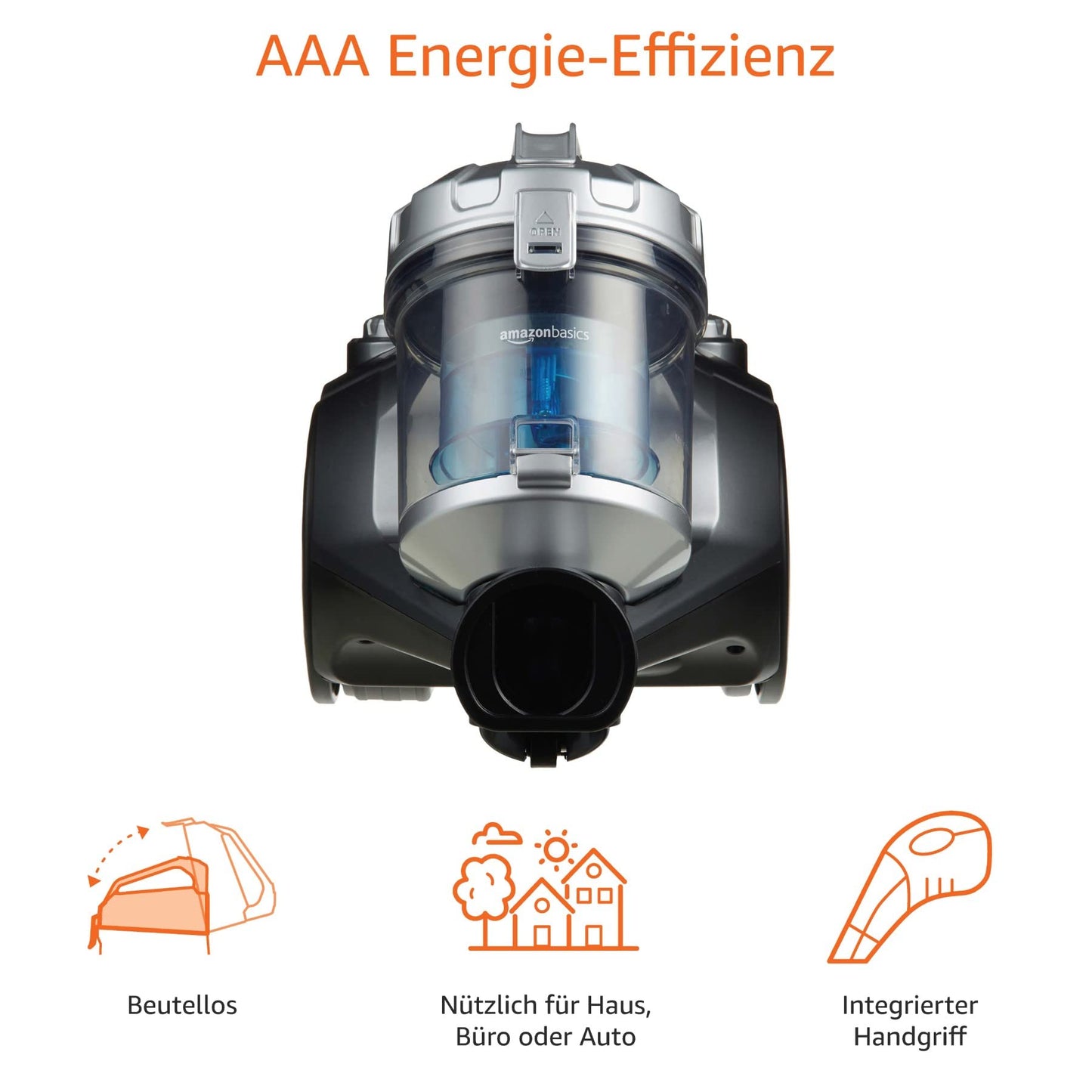 Amazon Basics – Zylinder-Staubsauger, leistungsstark, kompakt und leicht, ohne Beutel, für Hart- und Teppichböden, HEPA-Filter, 700 W, 1,5 l, EU, Schwarz/Blau