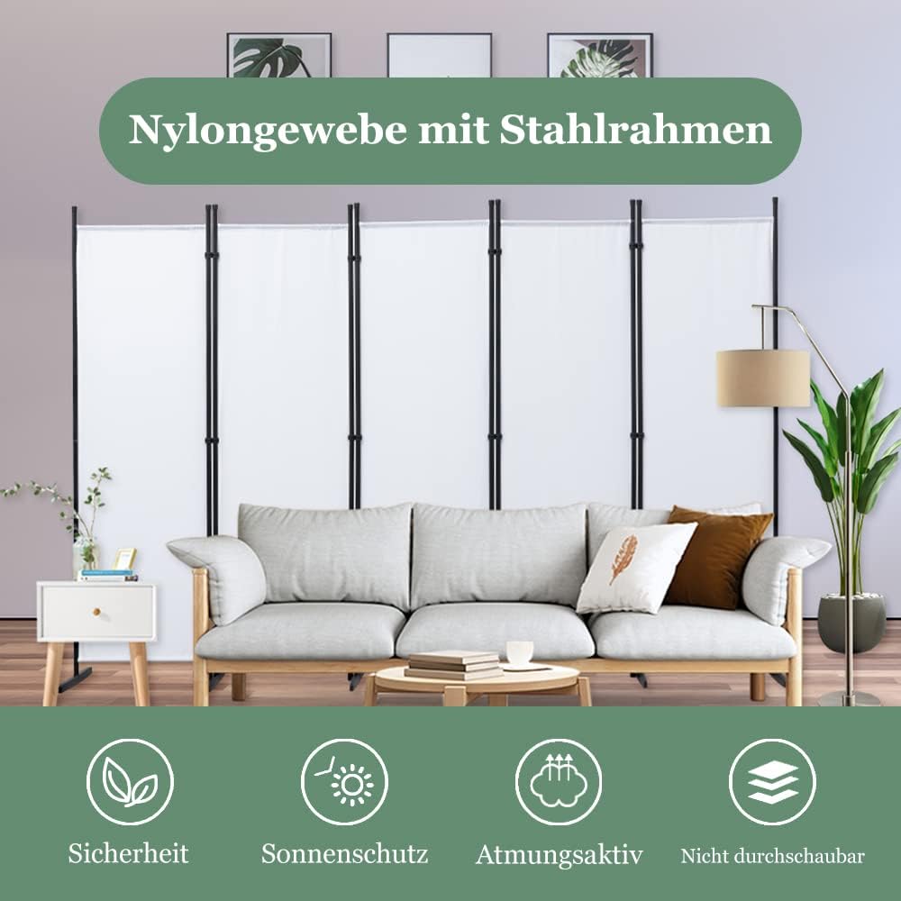 Mingone Raumteiler Trennwand Paravent 5-TLG. Sichtschutz Faltbar mit Metallrahmen Polyester-Mischgewebe für Wohnzimmer, Schlafzimmer, Küche, Büro, Balkon, Garten, Weiß, 250x176cm