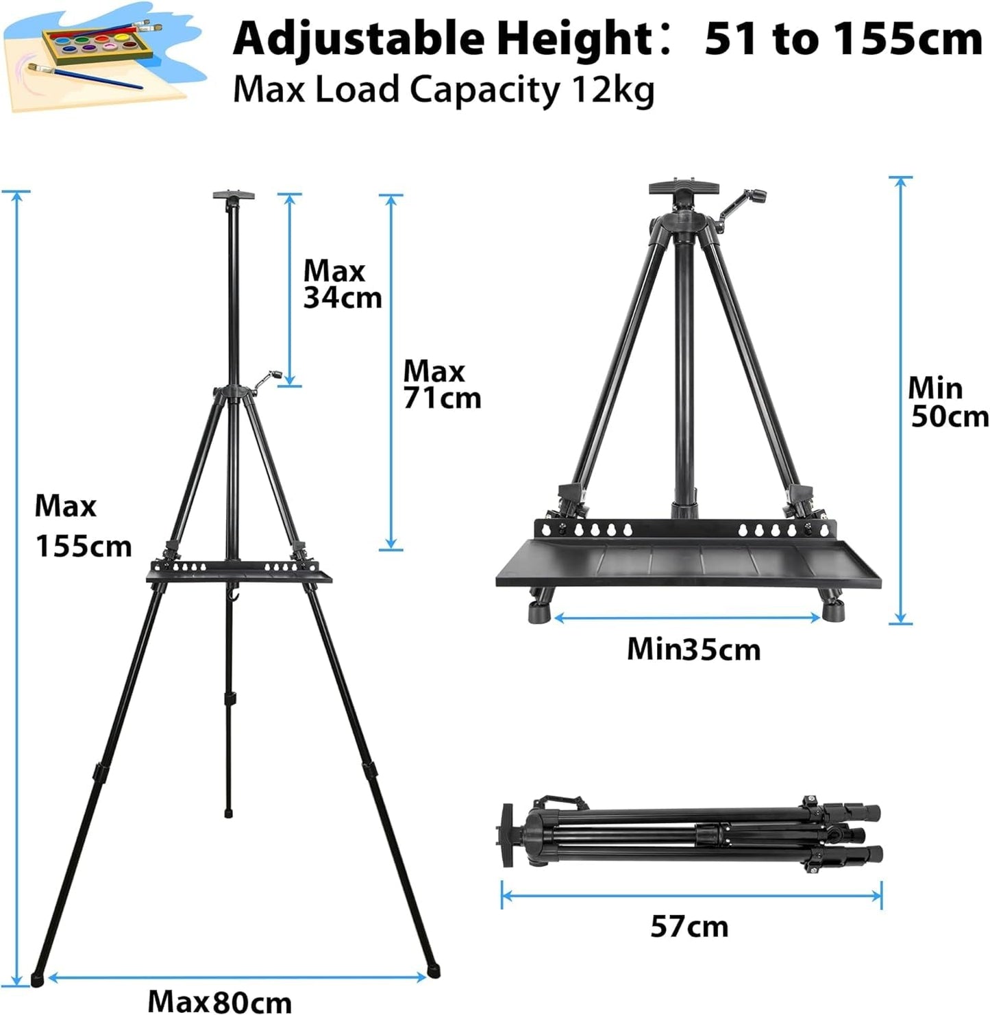 VAIIGO Staffelei groß L 52-162cm, Atelierstaffelei, Künstler Staffelei, Verstellbare Staffelei, Feldstaffelei aus Aluminium mit Tasche/Fässer/Schürze, Stativ Staffelei für Kuntsmalerei und Werbung
