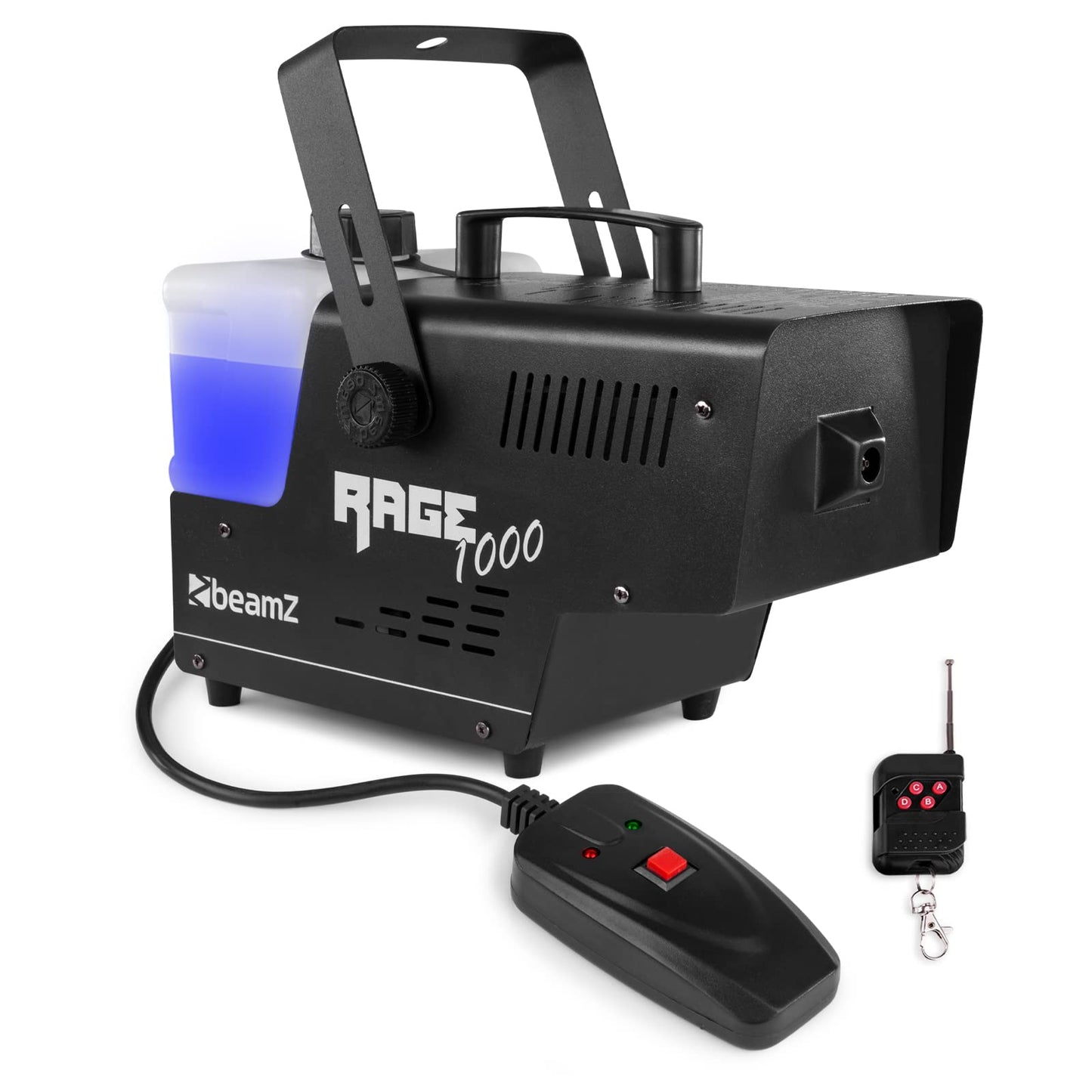 BeamZ RAGE1000 Nebelmaschine mit Lichteffekt, 1000 Watt, Fogger, Rauchmaschine, Fog Machine, Funkfernbedienung, Timer DMX, 2 Liter Tank, Disco Partynebel für DJs auf Veranstaltungen