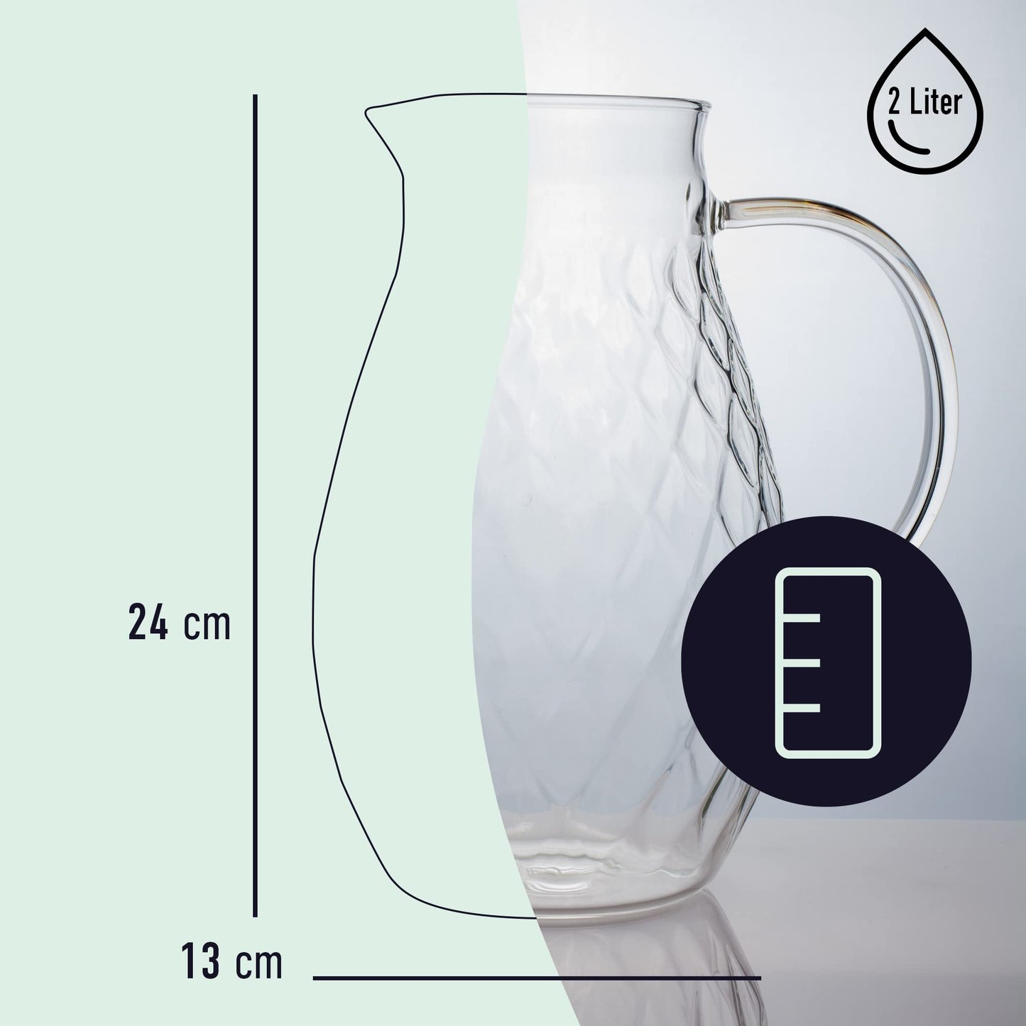 Karaffe aus Borosilikatglas mit Deckel und Ausgießer - Glaskaraffe mit einzigartigem Rautenmuster für 2 Liter kaltes oder heißes Wasser - Getränkekanne für hausgemachten Eistee und Saft