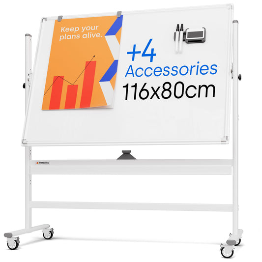 Rollendes magnetisches Whiteboard 116 x 80 cm - Großes tragbares Whiteboard mit Ständer - Doppelseitiges Whiteboard mit Rädern - Mobiles Whiteboard für Büro, Klassenzimmer und Zuhause