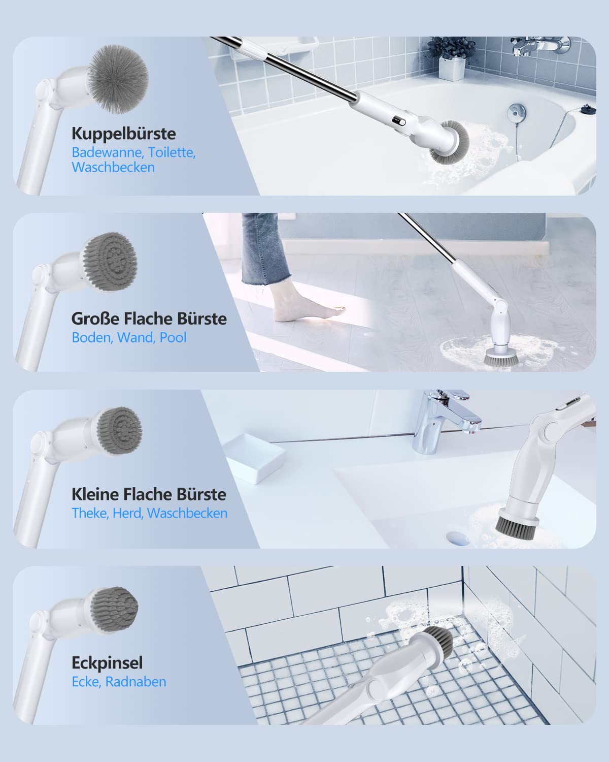 Leebein Elektrische Reinigungsbürste, 2023 Neues Spin Scrubber mit 8 Austauschbaren Bürstenköpfen, Verstellbarem Verlängerungsgriff 37-130CM & 2 Rotationsgeschwindigkeiten für Bad/Küche/Auto