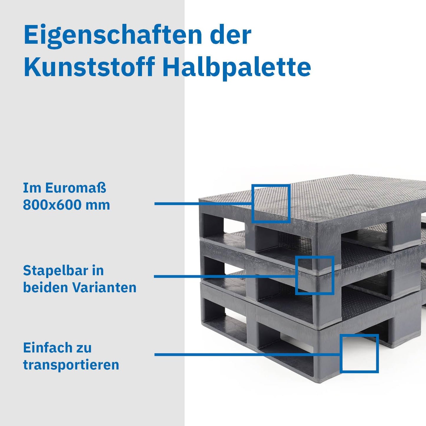 Kunststoff Halbpalette 80 x 60 im halben Europaletten-Maß | bis 2.500 kg statische Traglast | 3 Kufen | 800 x 600 mm | schwarz | ohne Holz (1, Anti-Rutsch-Oberfläche, schwarz)