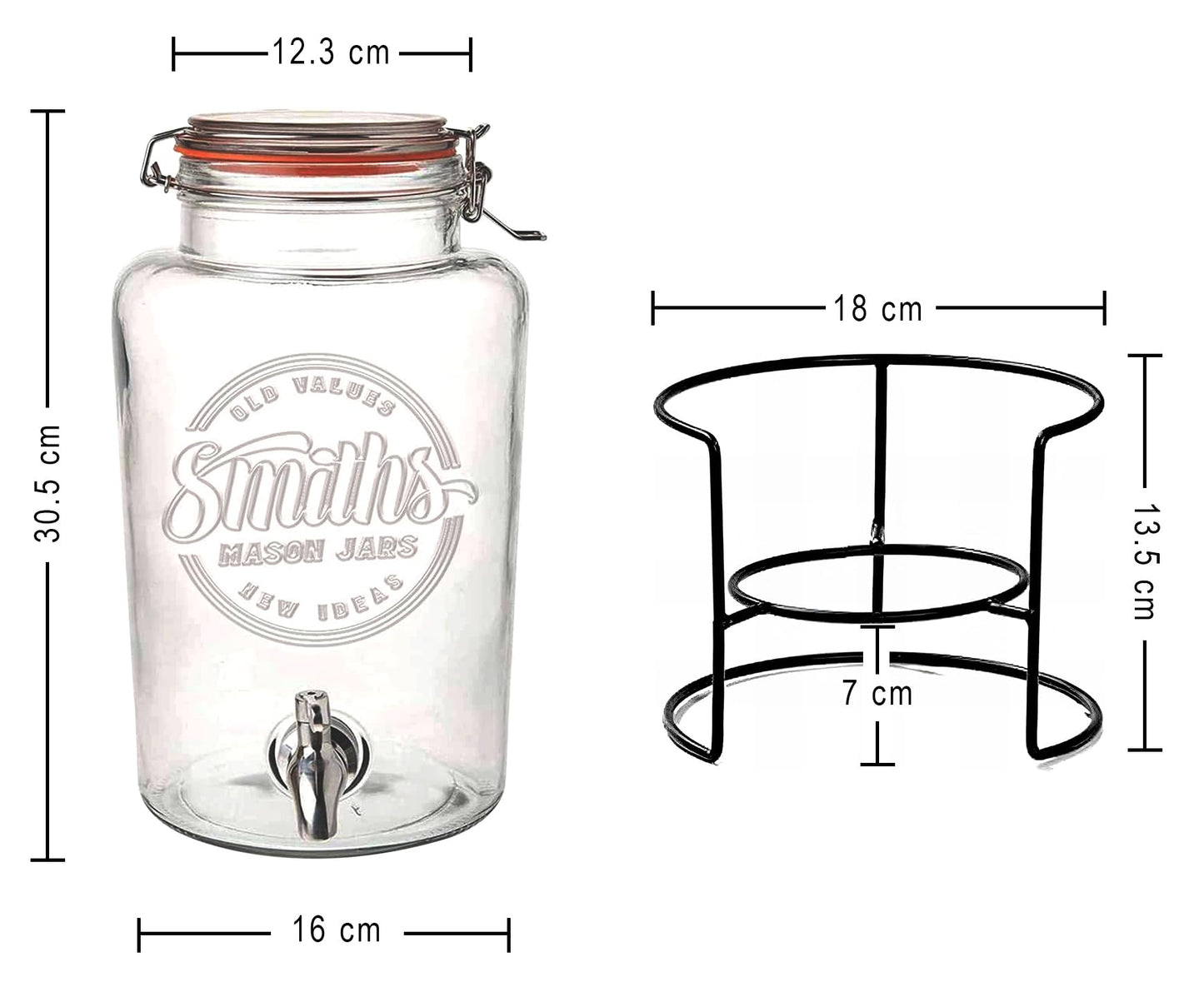 Smith's Mason Jars 5 Liter Getränke oder Wasserspender mit Edelstahl-Zapfenhahn, herausnehmbaren Netzfiltern und Metallständer | Ideal für Limonade, DIY Getränke, frisches Obst und Kräuter