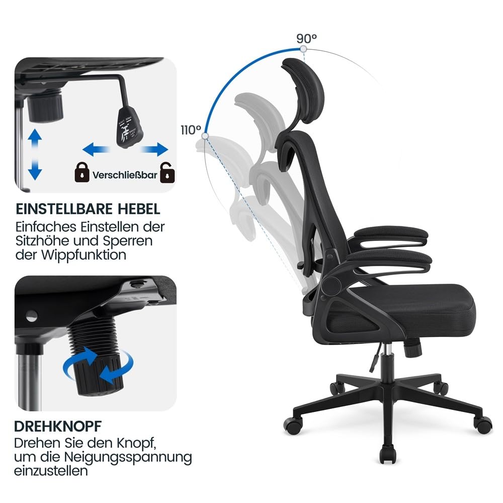 Yaheetech Bürostuhl Ergonomisch, Schreibtischstuhl mit Hochklappbaren Armlehnen, Drehstuhl mit Rückenlehne und Verstellbarer Kopfstütze, bis 136 kg Belastbar Schwarz