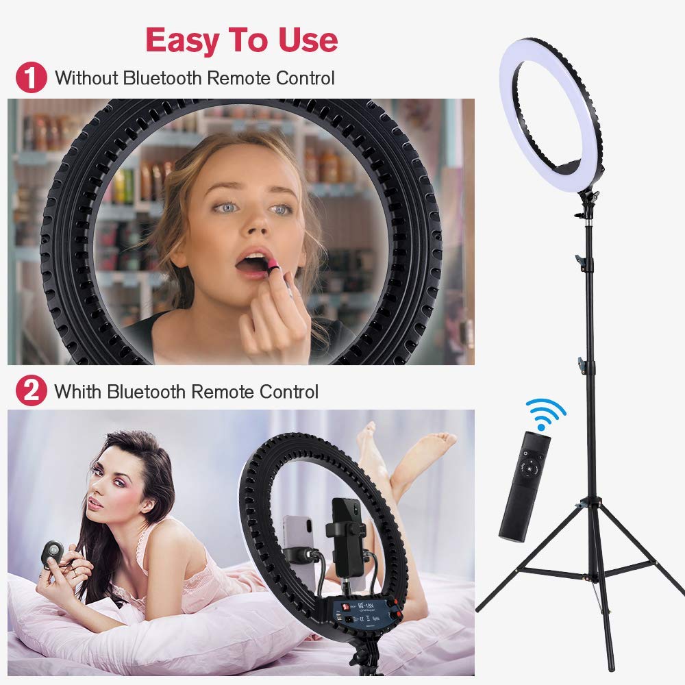 18 Zoll LED Ringlicht mit Stativständer Dimmbares Makeup Selfie Ringlicht für Studio Portrait YouTube Vlog Videoaufnahmen mit Tragetasche und Fernbedienung, CRI 90
