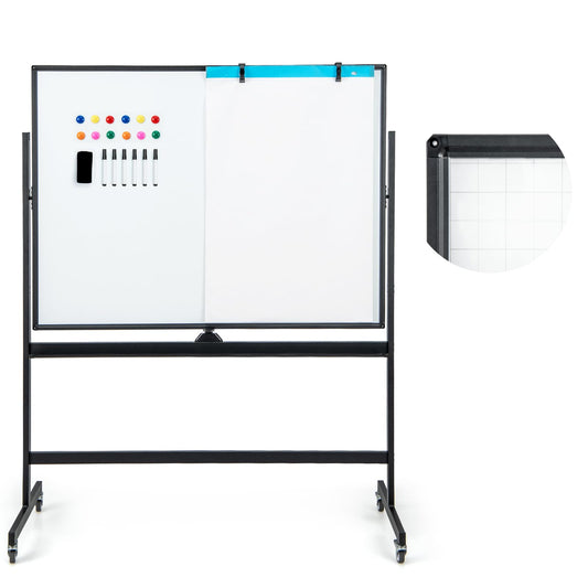 COSTWAY Doppelseitiges mobiles Whiteboard, 120 x 90 cm, Trocken abwischbares magnetisches Whiteboard mit Gittermuster, Rollen, Ständer und Stiftablage, inkl. Zubehör für Büro, Zuhause (Schwarz)