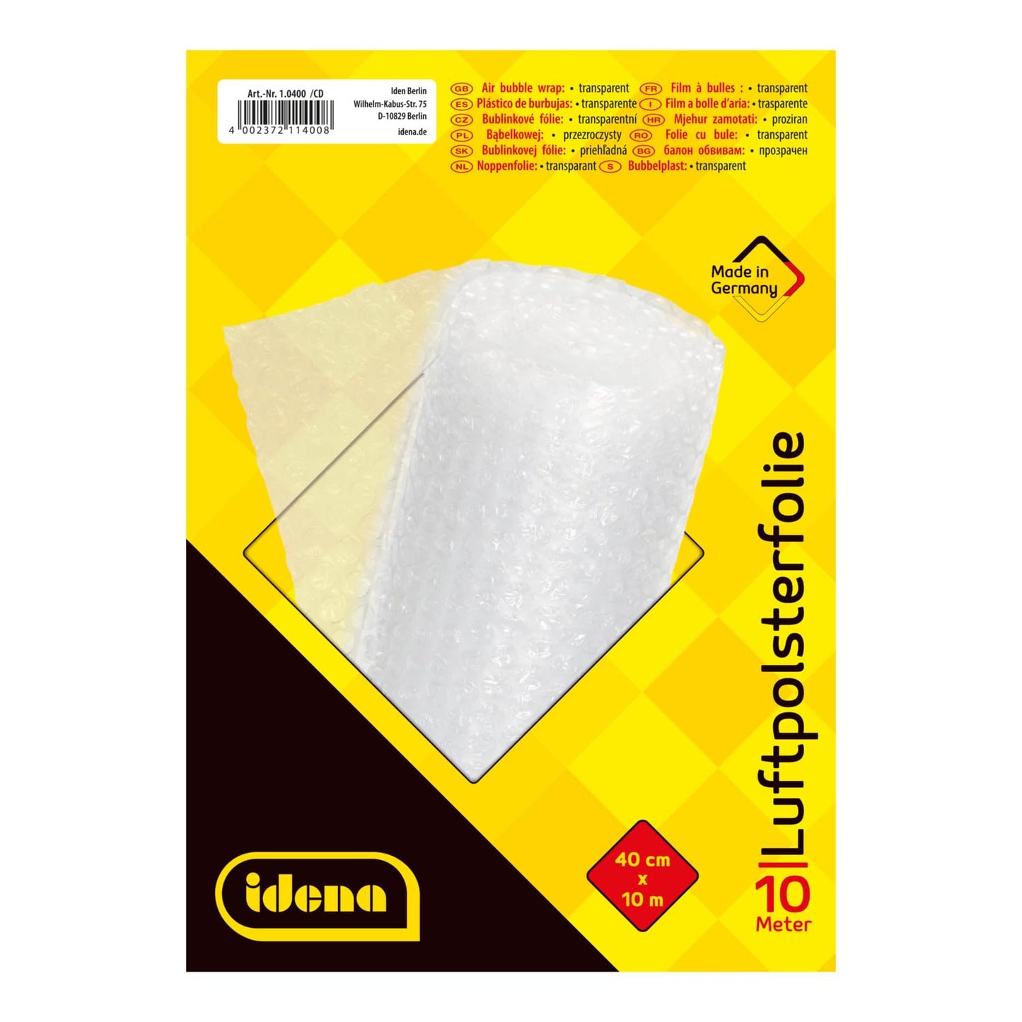 Idena 10400 - Luftpolsterfolie für Versand, Verpackung und Umzug, 40 cm x 10 m auf Rolle, 70 µ, transparent, 1 Stück