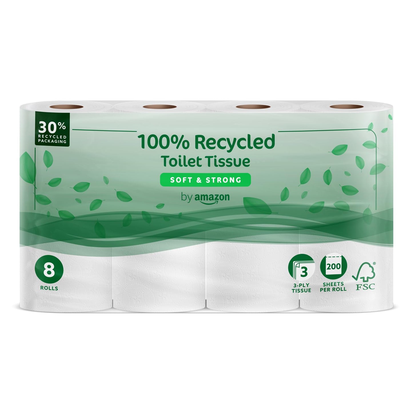 by Amazon Toilettenpapier, 3-lagig 100 % Recycelt, Weich und Stabil, 48 Rollen (8 Rollen, 6-er Pack), 200 Blätter pro Rolle, FSC-Zertifiziert