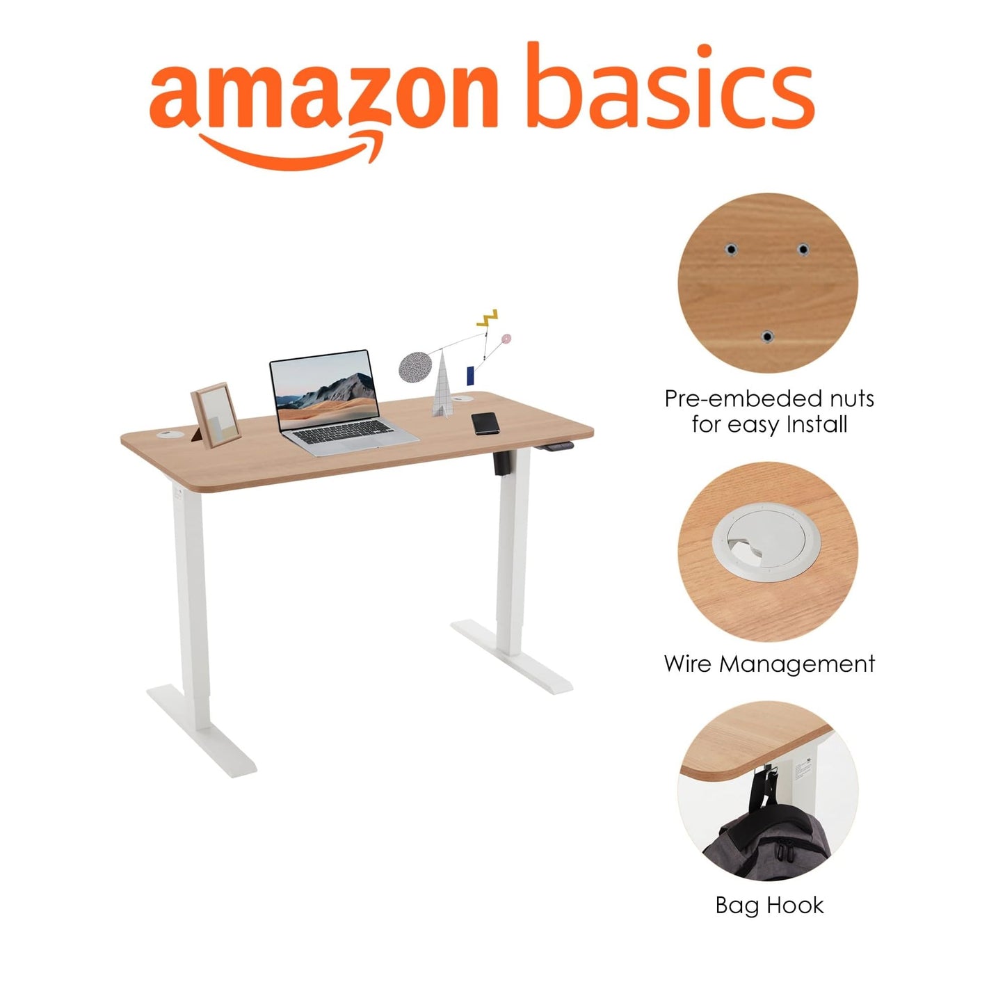 Amazon Basics Sitz-Steh-Schreibtisch, Elektrisch Höhenverstellbar, 120 x 60 cm, Buche mit Weißem Rahmen, Ergonomisch
