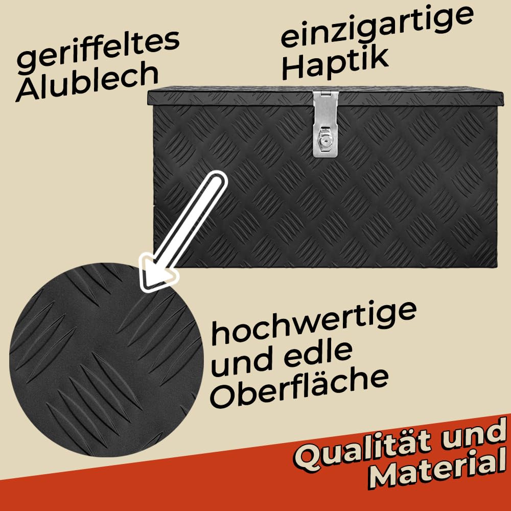 trucky Deichselbox Schwarz Werkzeugkasten Truckbox Alu Box Anhänger Kiste mit Deckel Abschließbar Alubox Transportbox Werkzeugbox Aluminium Aufbewahrungsbox