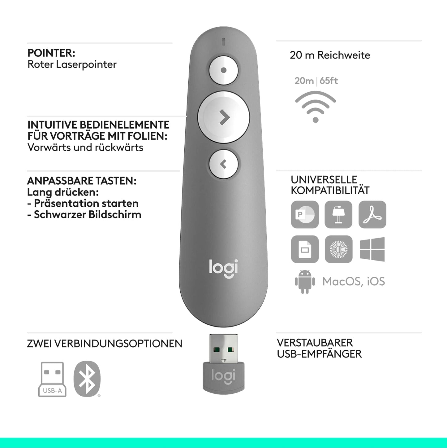 Logitech R500s Presenter mit Laser Klasse 1 für Bluetooth und USB – Universell kompatibel, 20 Meter Reichweite, konfigurierbar, intelligente Batterienutzung mit 12 Monaten Laufzeit – Hellgrau