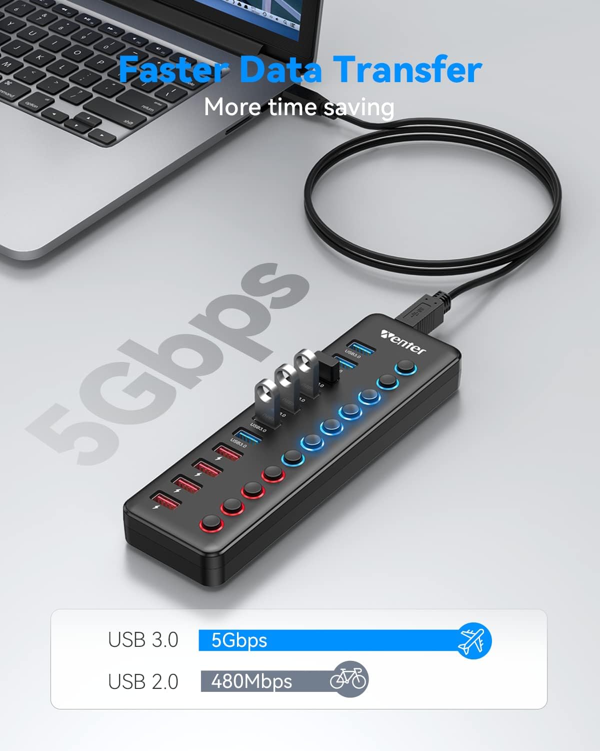 USB Hub Aktiv 3.0 mit Netzteil 36W, WENTER 11 in 1 USB Hub (7 USB 3.0 Ports Datenübertragung und 4 Ports Schnellladegerät) mit Schalter und 1 Intelligenter Charging Port und 12V/3A Netzteil Adapter