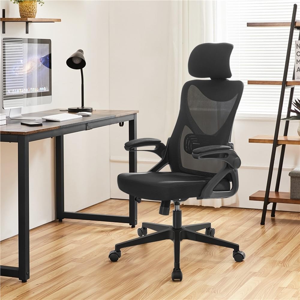 Yaheetech Bürostuhl Ergonomisch, Schreibtischstuhl mit Hochklappbaren Armlehnen, Drehstuhl mit Rückenlehne und Verstellbarer Kopfstütze, bis 136 kg Belastbar Schwarz