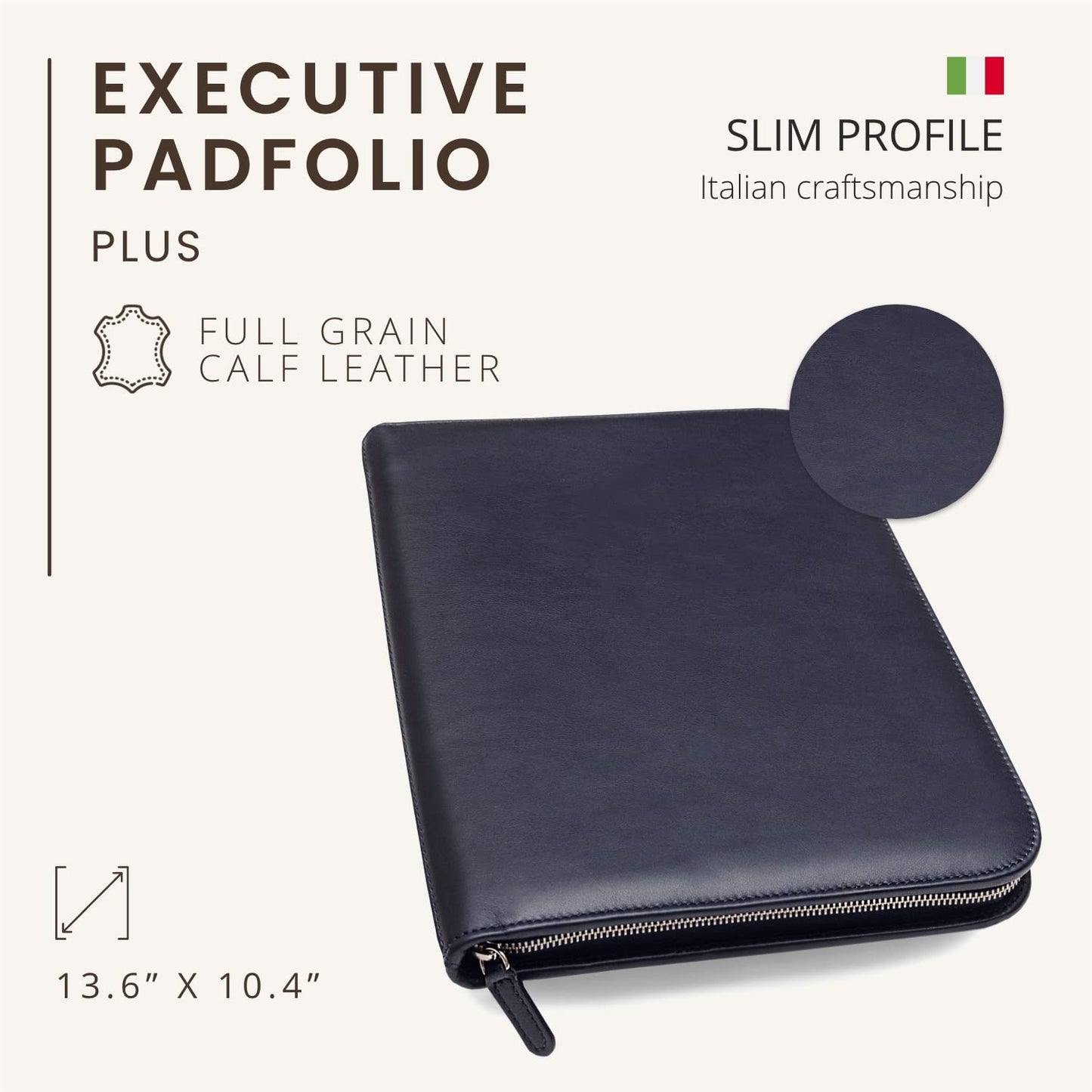Konferenzmappe A4 aus 100% vollnarbiges Leder mit Reißverschluss - handgefertigt in Italien von erfahrenen Handwerkern - Navy