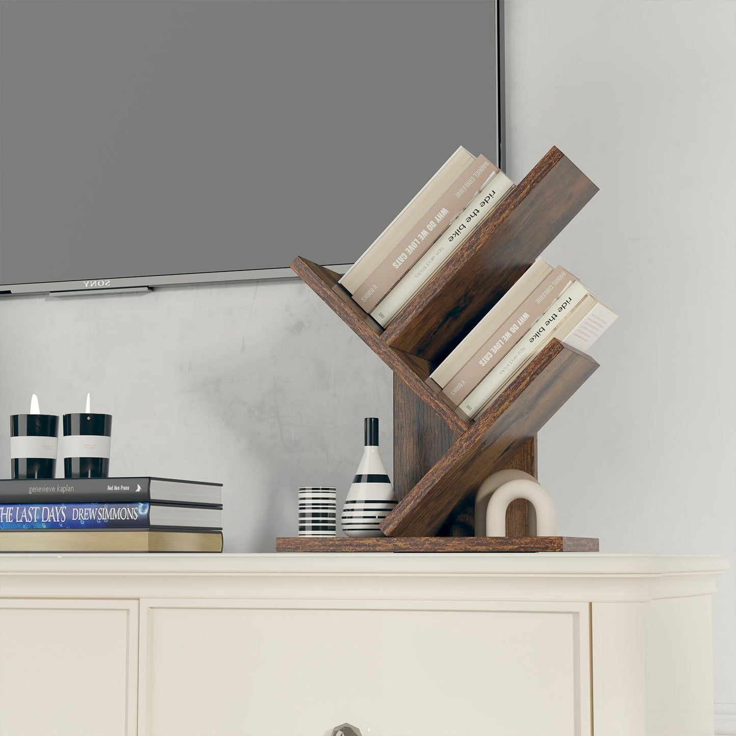 YMYNY Bücherregal im Baumform, 2 Ebenen Schreibtisch-Organizer, Modernes Holzregal für Bücher/Filme/CDs, Schmaler Display Ständer für Schlafzimmer, Home Office, Rustikal Braun HBC012H