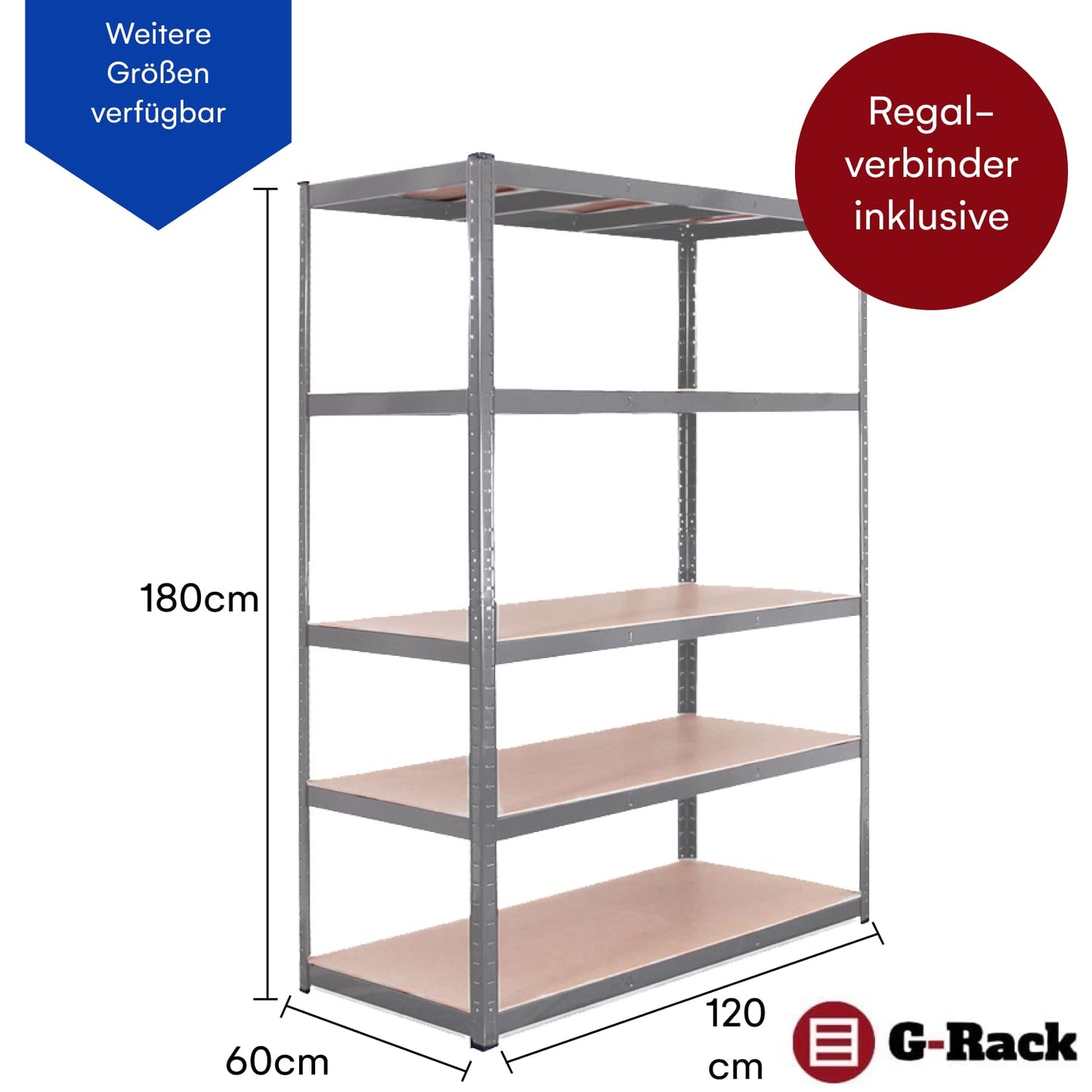 G-Rack Schwerlastregal 180x120x60 cm – Robustes Graues Metallregal mit 5 verstellbaren MDF-Böden, 175 kg Tragkraft pro Ebene (875 kg gesamt), schraubenloses Lagerregal für Garage, Werkstatt oder Keller