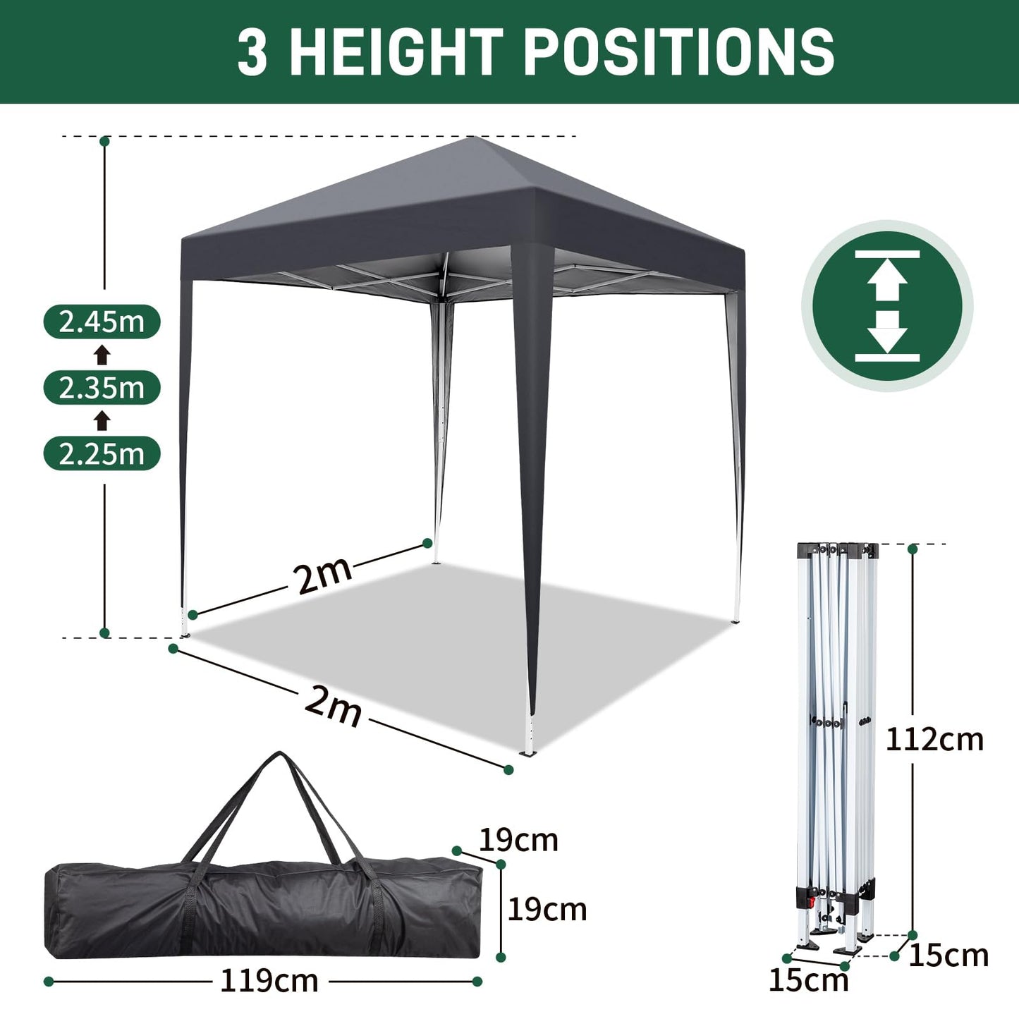 LEADZM 2x2m Pavillon,Pop-up,Winddicht,Wasserdicht,Faltpavillon,UV Schutz 50+,Höhenverstellbar,mit 4 Seitenteilen,für Outdoor, Garten, Party, Camping,Dunkelgrau