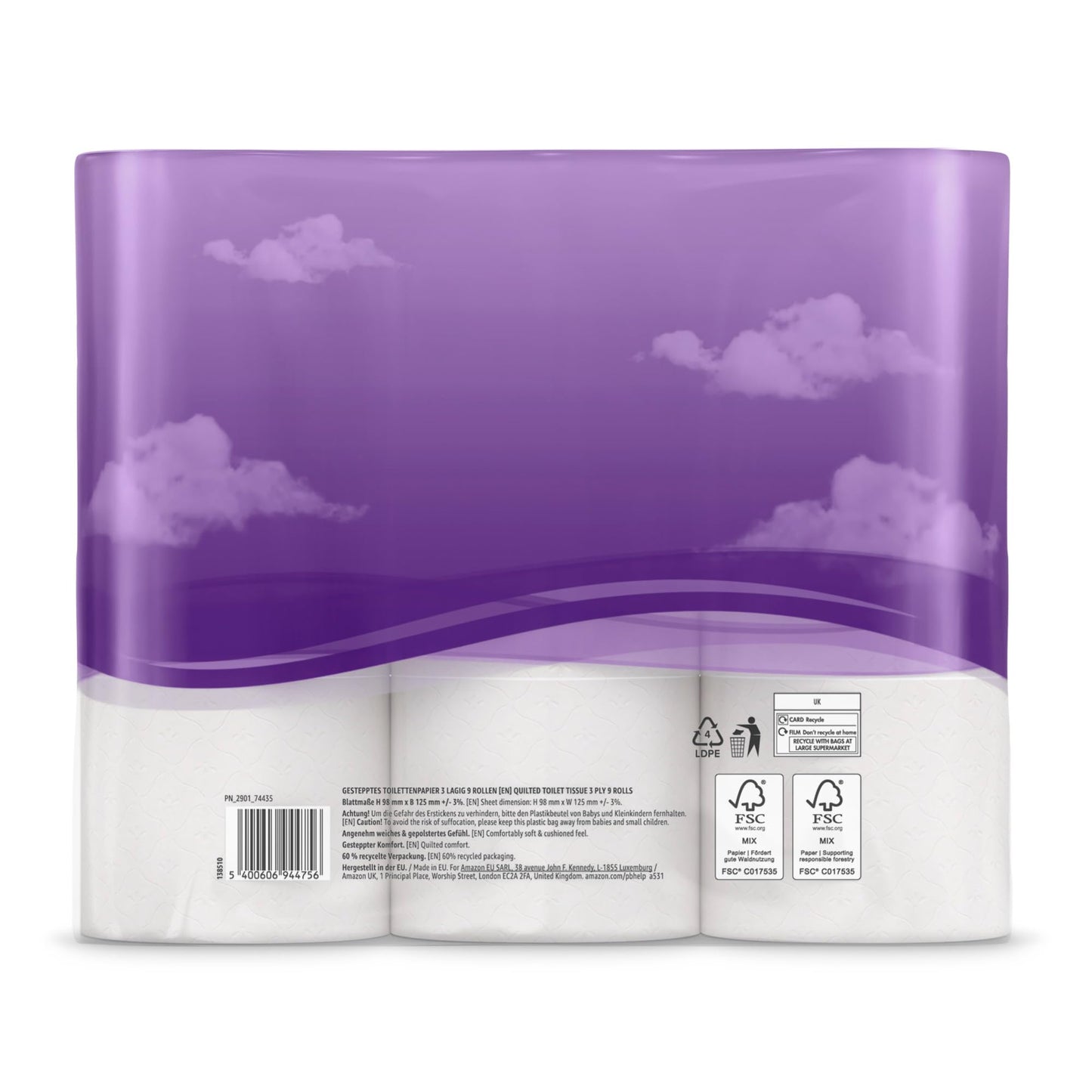 by Amazon Toilettenpapier, 3-lagig Gestepptes, Samtig Weich, 36 Rollen (9 Rollen, 4-er Pack), 200 Blätter pro Rolle, FSC-Zertifiziert