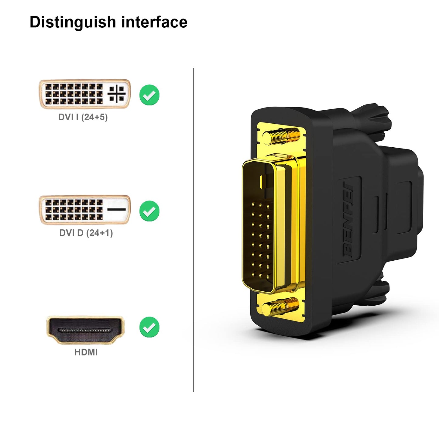 BENFEI Bidirektional DVI(DVI-D) zu HDMI Adapter 2 Stück, DVI (DVI-D)-Stecker auf HDMI-Buchse Adapter mit vergoldetem Stecker, unterstützt 1080P