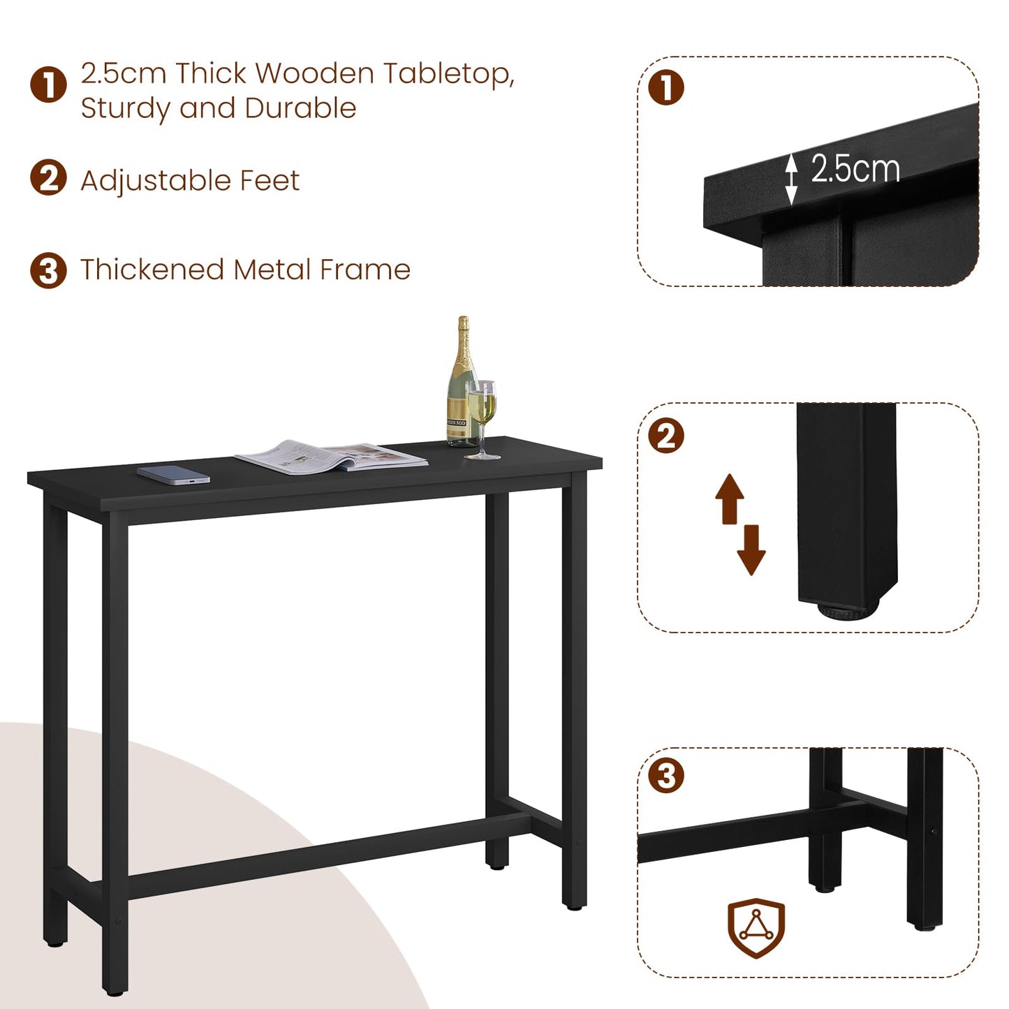 WOLTU 1x Bartisch Bistrotisch Stehtisch Esstisch, Metallgestell, Tischplatte aus MDF, Schwarz, 120x40x100cm(BxTxH)