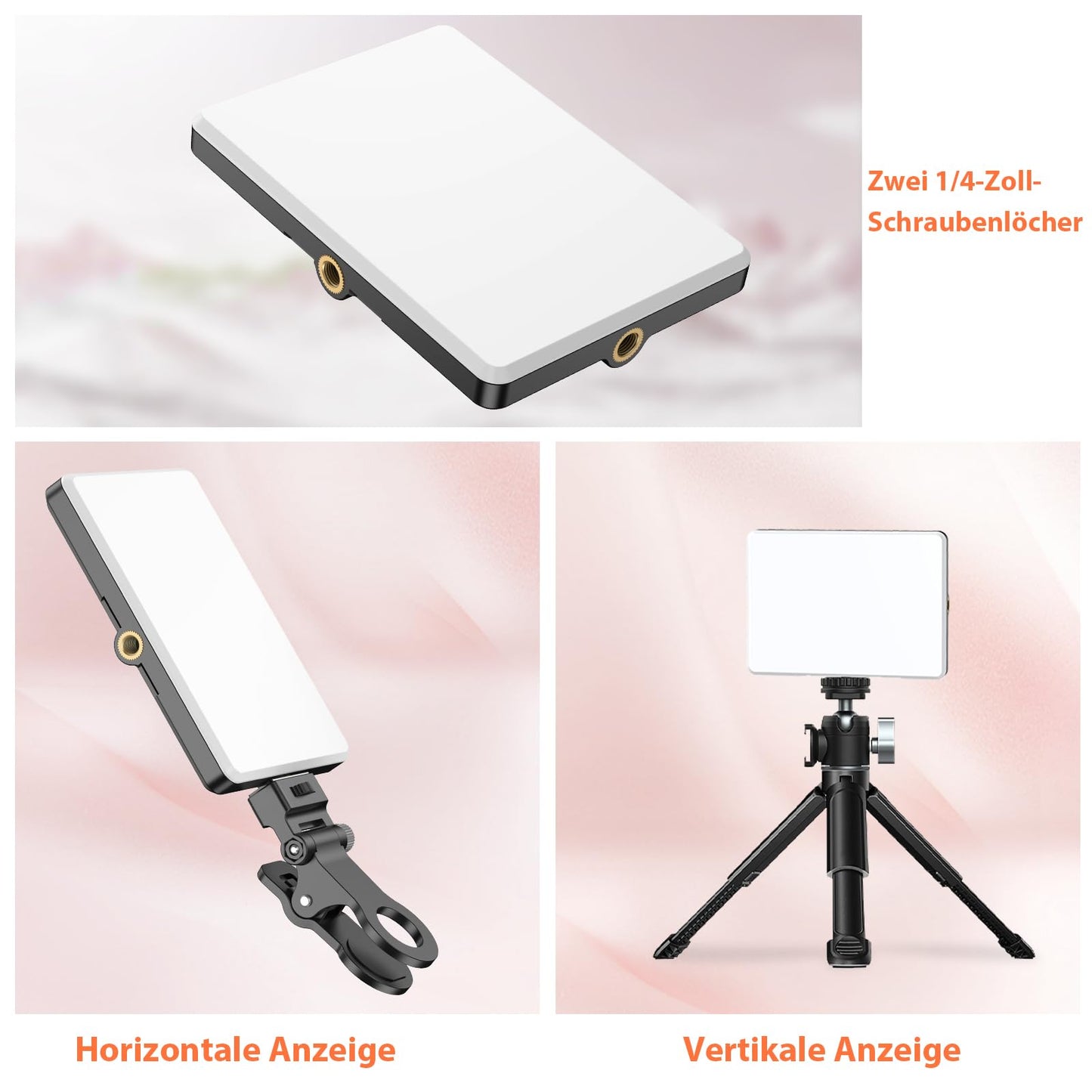 TONEOF Selfie Licht Handy, 60LED Wiederaufladbares Videolicht mit Clip&Zwei 1/4" Schraubenlöchern, 2500K–9000K 3 Lichtmodi, Tragbares Foto Licht für Handy/Laptop/Tablet-Schwarz