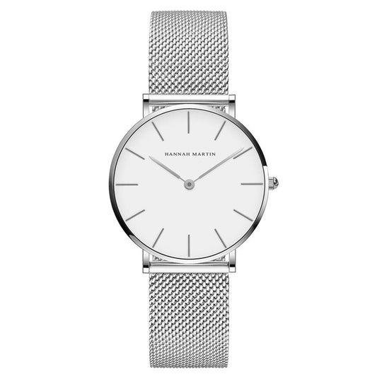 HANNAH MARTIN Damen Uhren Analog Quarz Edelstahl Wasserdicht Mesh Ultradünne (Weiß Oberfläche ,Silber Armband)