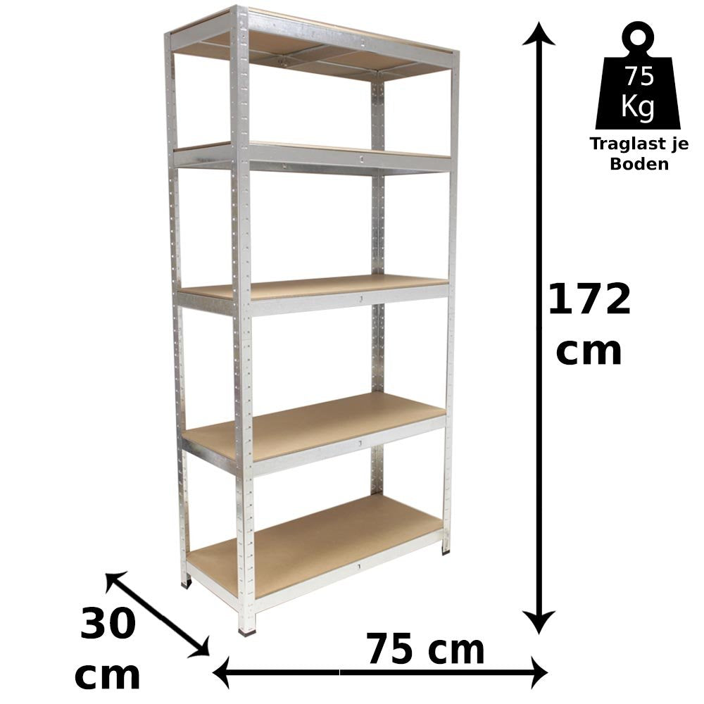 Grafner Schwerlastregal mit 5 Böden aus MDF, maximale Belastung 375 kg, abgerundete Ecken, 75x30x172 cm, Steckregal, Lagerregal Kellerregal