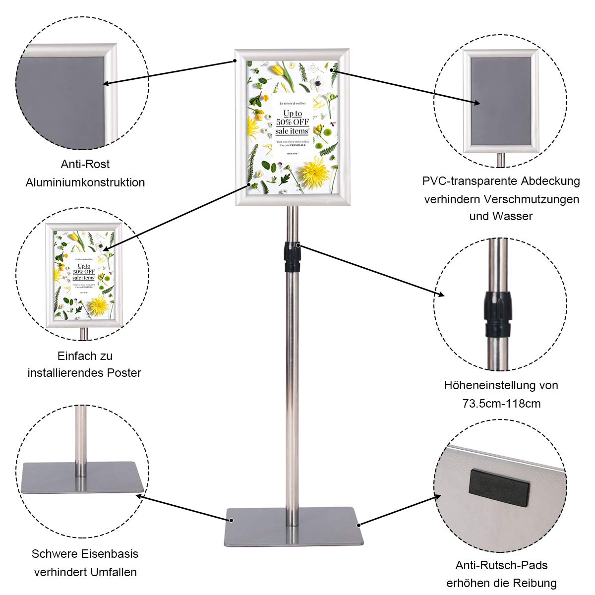 COSTWAY Infoständer A4, Informationsständer höhenverstellbar, Plakatständer, Kundenstopper, Präsentationsständer, Werbeständer, Posterständer, Aufsteller (Silber)