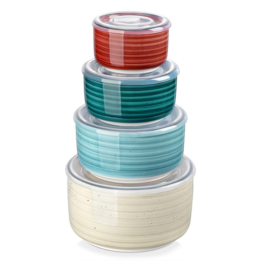 vancasso Bonbon Keramik-Schalen mit Deckel, mikrowellengeeignet, Lebensmittelbehälter für Vorbereitung, Salat, Suppe, Nudeln, Kochen und Servieren, 4 Stück (152 ml, 36 ml, 20 ml, 284 ml), mehrfarbig