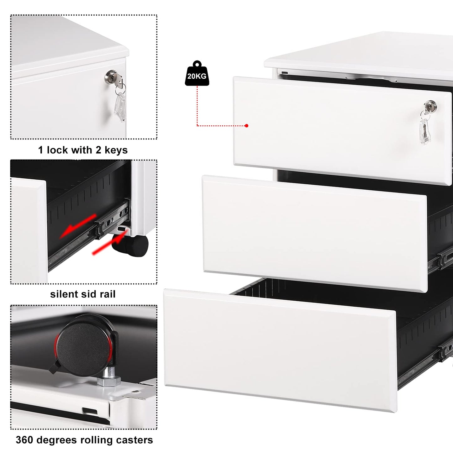 WOLTU Rollcontainer Metall, Mobiler Aktenschrank Büroschrank mit 3 Schubladen Bürocontainer, abschließbares und verstellbares Hängeregister, vormontiert, Büro, Home Office Weiß SK024ws