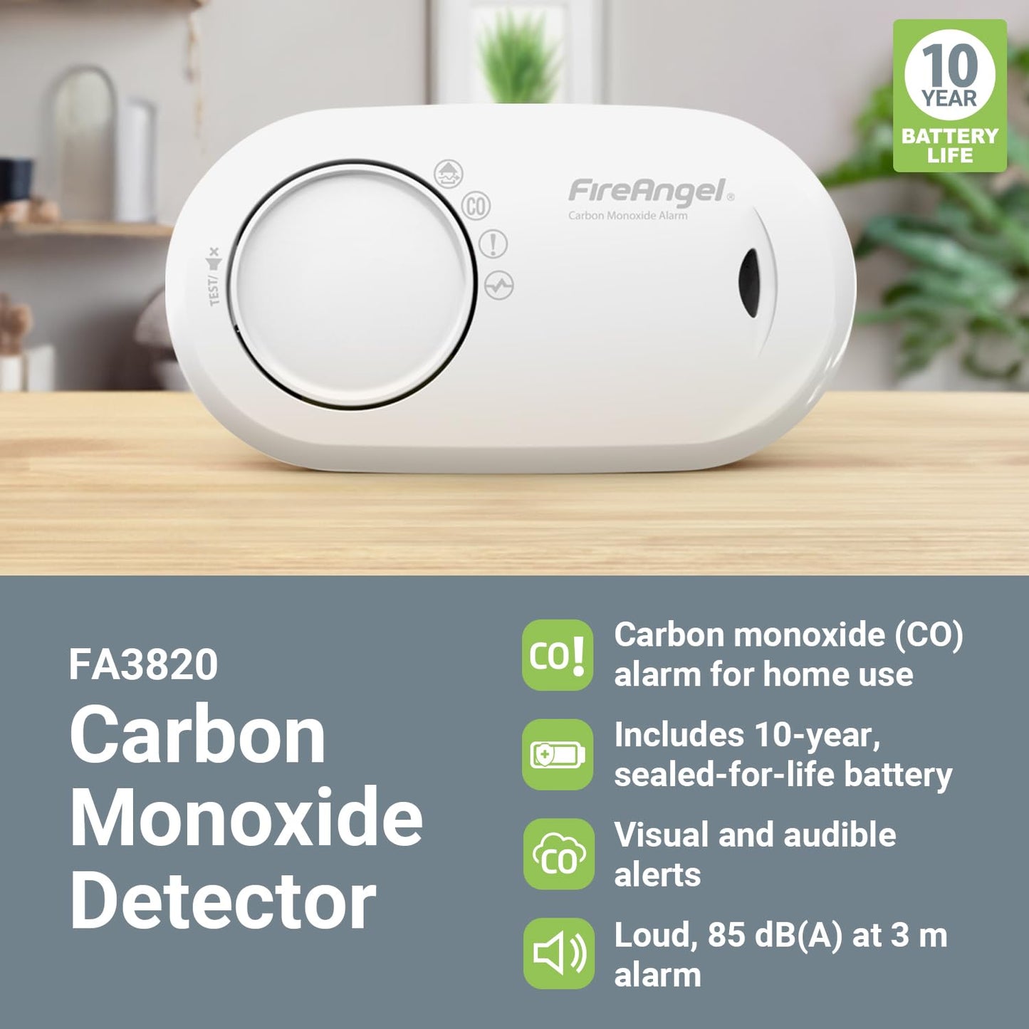 Fire Angel FA3820-EUX10 Kohlenmonoxid-Melder inkl. 10 Jahres-Batterie batteriebetrieben detektiert Ko