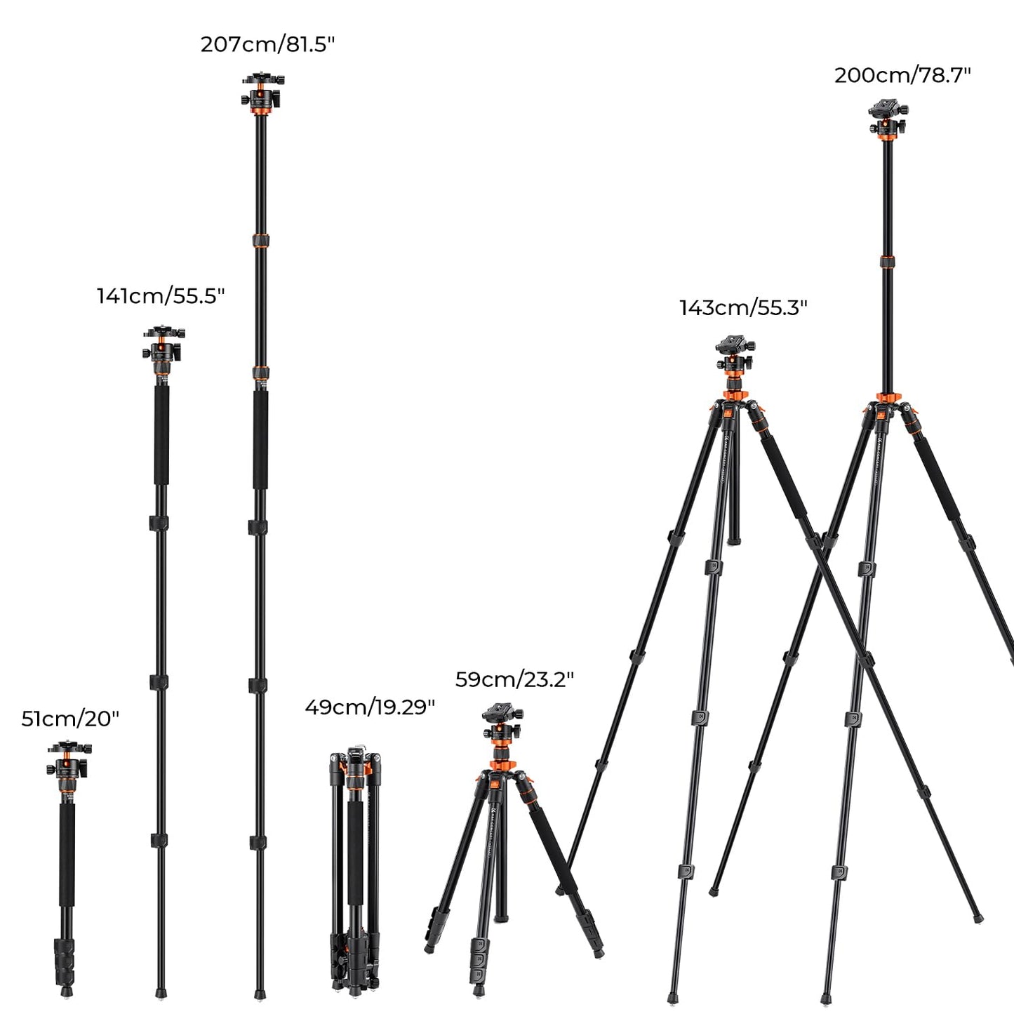 K&F Concept 200cm Stativ, Aluminium Kamera Stativ, K234A7(S210) Tripod mit Einbeinstativ Funktion, 360° Kugelkopf inkl. Schnellverwechselplatte für Canon Nikon Sony Olympus