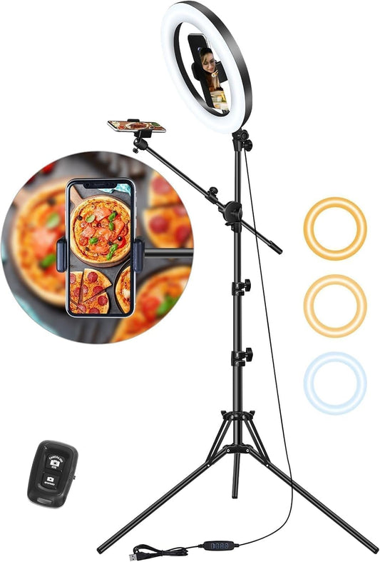 LUXSURE Ringlicht mit Stativ, Handy Stativ mit Ringlicht 10.5", Overhead Stativ Handy, Stativ für Smartphone mit Ringlicht mit 2 Aufnahmepositionen,Ring Light für Inhaltserstellung/Vlog/Kochen/Make Up