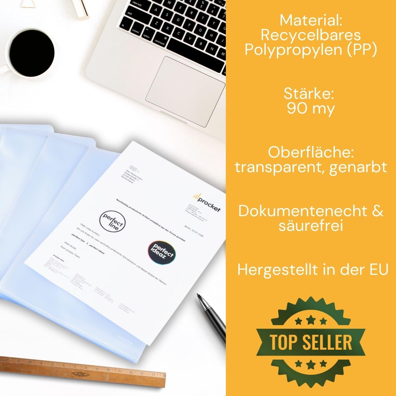 perfect line - 100 Aktenhüllen DIN-A4 - starke 90 my, transparent, genarbt - Top Qualität - dokumentenecht, säurefrei