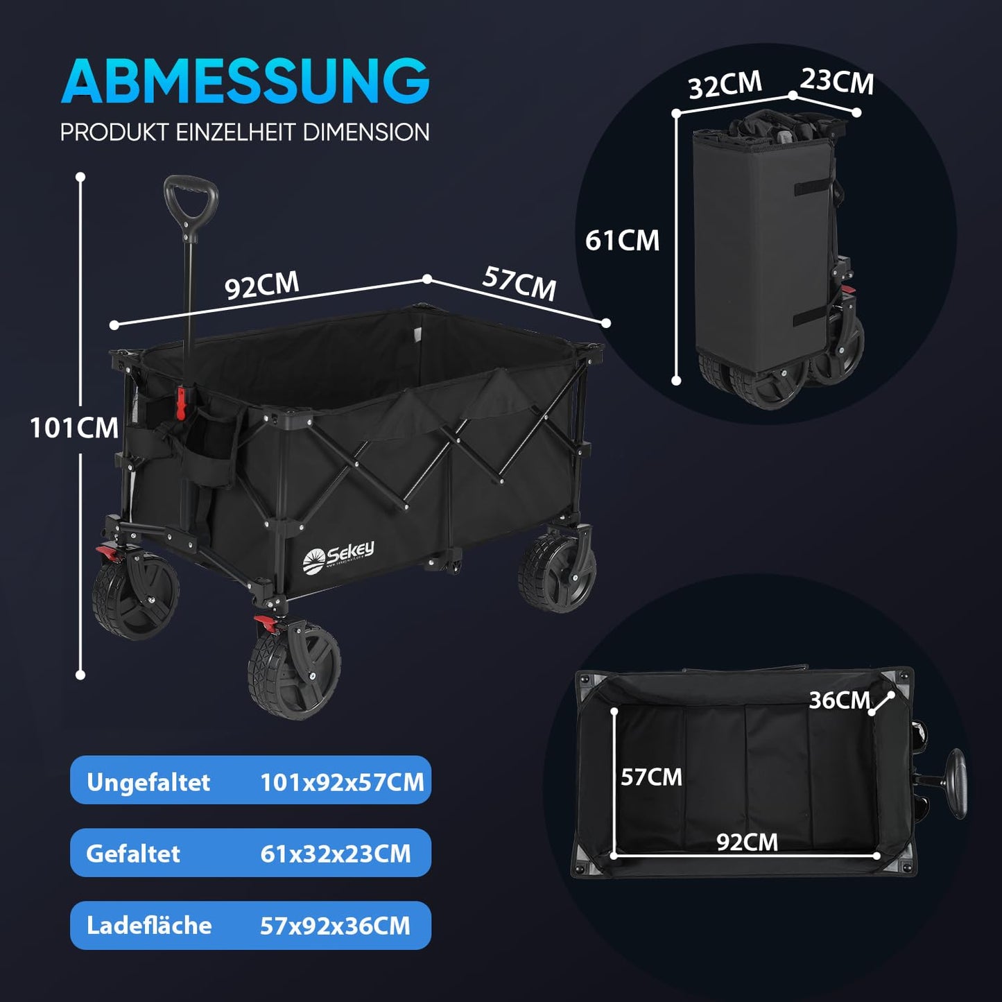 Sekey XXL Plus Bollerwagen Faltbar mit Bremsen 200L 200KG Belastbar, Extra Breite Reifen All Terrain Bollerwagen, Patentiert Zusammenfaltbar aus Vier Richtungen, XXL-PlusB 4011, Schwarz
