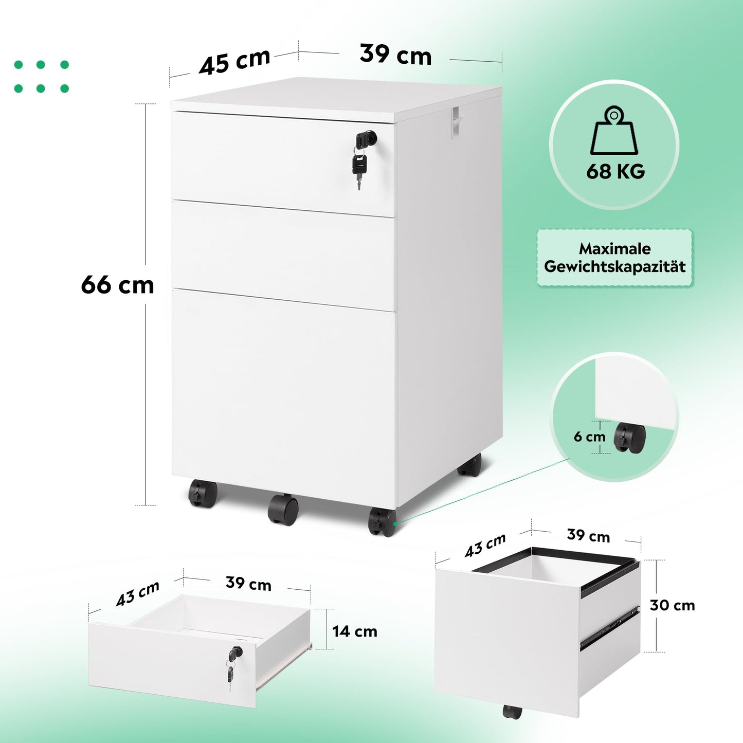 DEVAISE Rollcontainer, Aktenschrank Abschließbar mit 3 Schubladen, Büroschrank für A4/Legal/Letter, Kratzfest, Wasserdicht, für Home-Office, Weiß