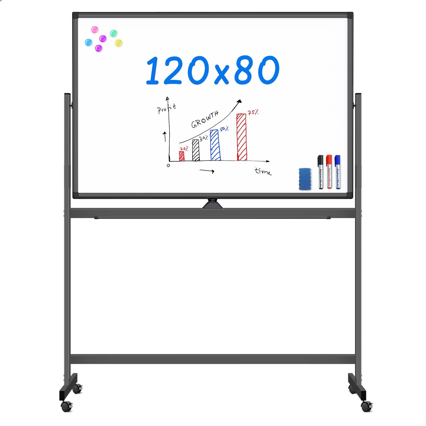 maxtek Mobiles Whiteboard, 120 x 80 cm Doppelseitiges Whiteboard mit Ständer, Magnetische, Aluminiumrahmen - mit Stifte, Schwämme, Magnete