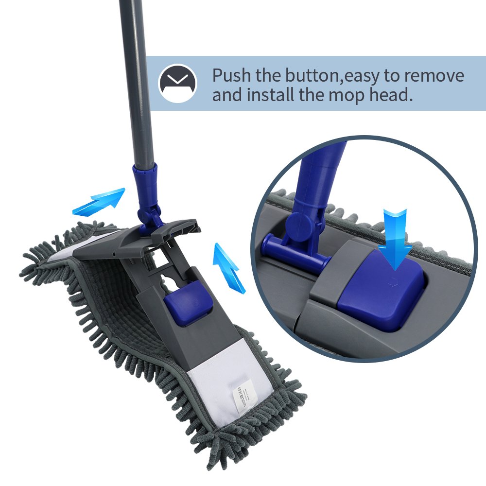 Masthome Flach Bodenwischer Set, 128 cm Chenille Flach Wischmopp mit 4 Wischpads, Wischer Set für Schnelle Reinigung Bodenreinigung, Send Scraping Dust Tool - Blau