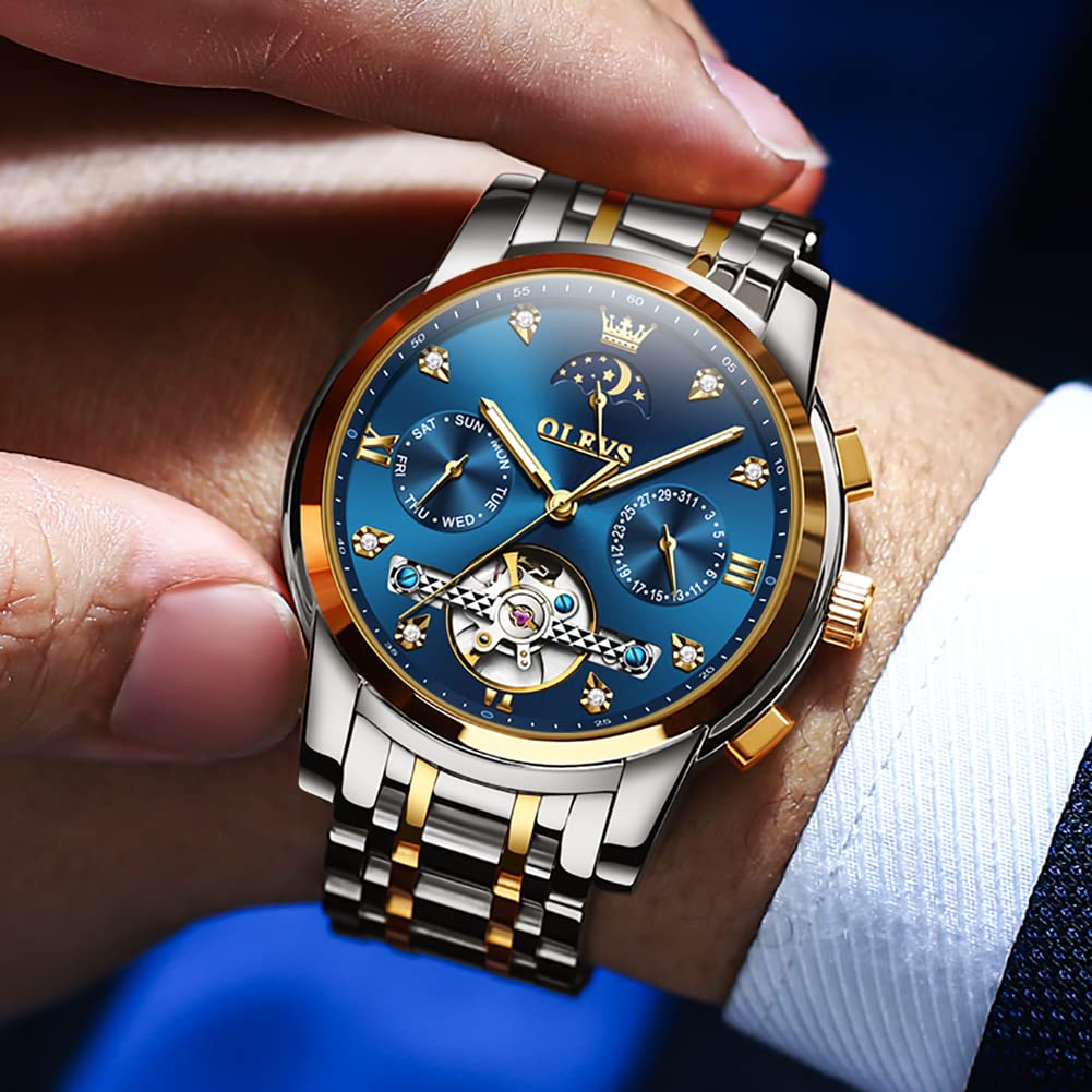 OLEVS Herrenuhren Automatik Mechanische Blau Armbanduhr mit Skelettiertem Tourbillon Kalender Wasserdicht Leuchtende Klassische Luxus Armbanduhren für Herren