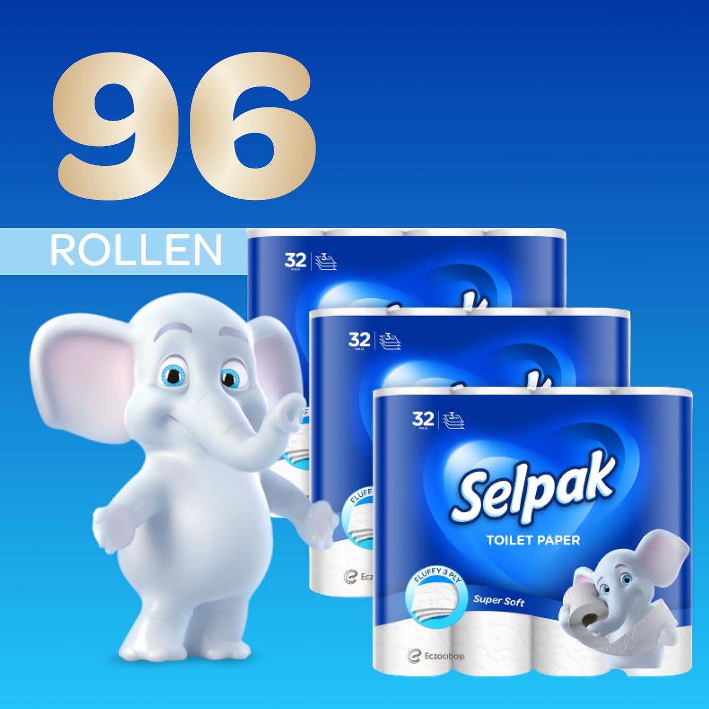 Selpak Toilettenpapier 3-lagig, 4480 Blatt Klopapier 100% reine Zellulose, Extra Weich und Stark, Toilet Paper, Wc Papier, 96 Rollen (3x32 Rollen)