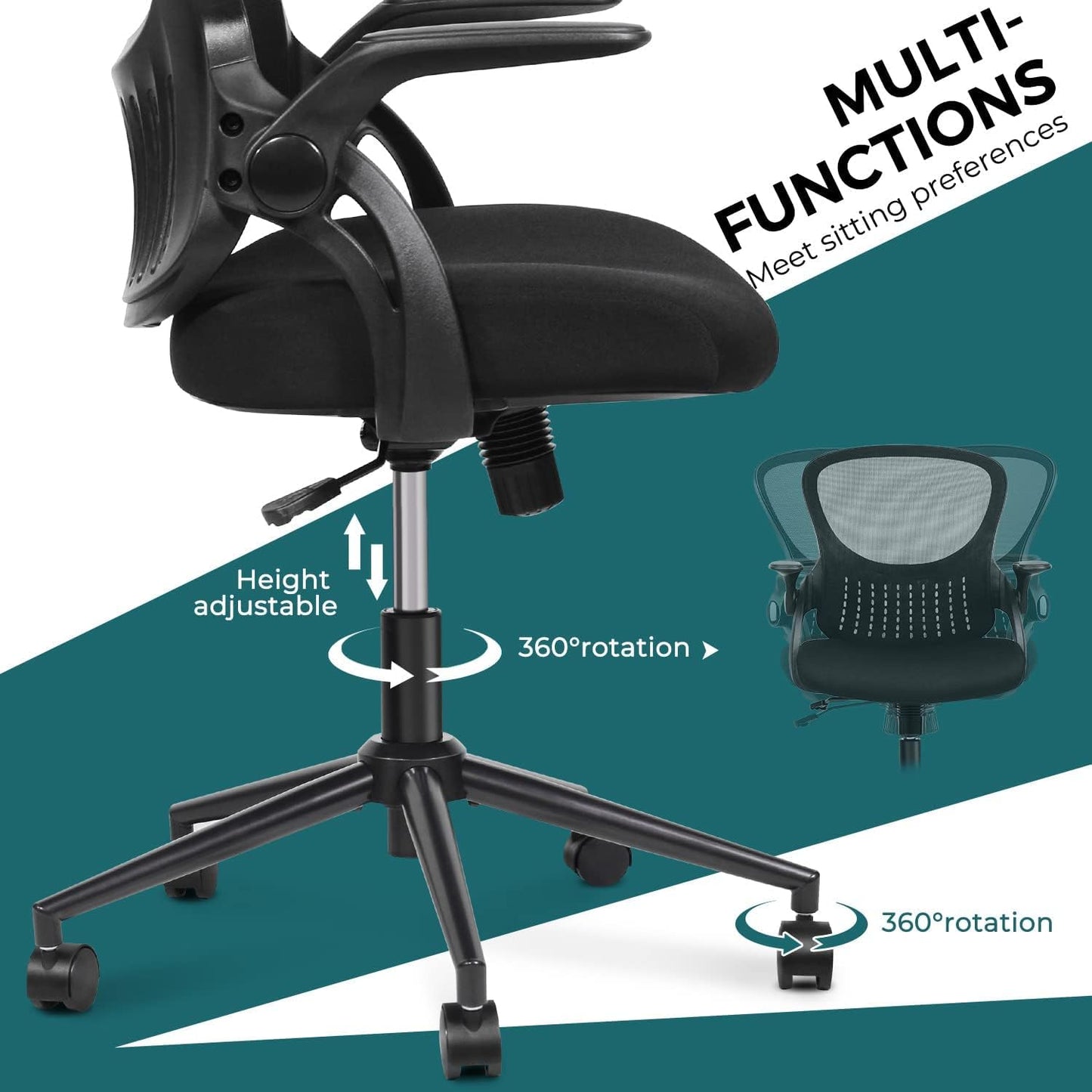Home Office Stuhl Ergonomischer Schreibtischstuhl Mesh Computerstuhl Moderner Höhenverstellbarer Drehstuhl mit Lendenwirbelstütze/Klapparmlehnen, Schwarz