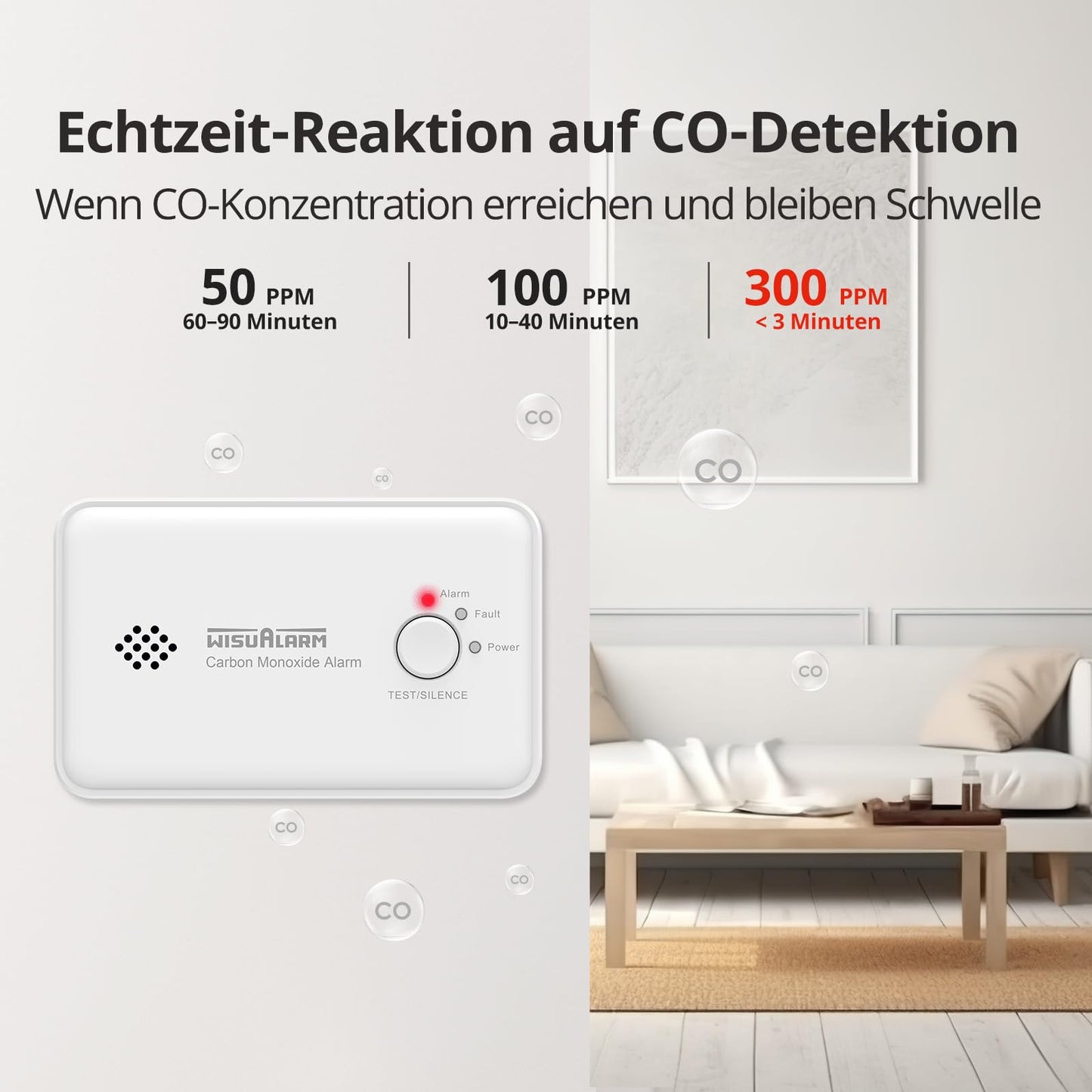 Wisualarm Kohlenmonoxid Melder, CO Melder 10 Jahre Batterie, CO Warner Zertifiziert durch TÜV nach EN50291