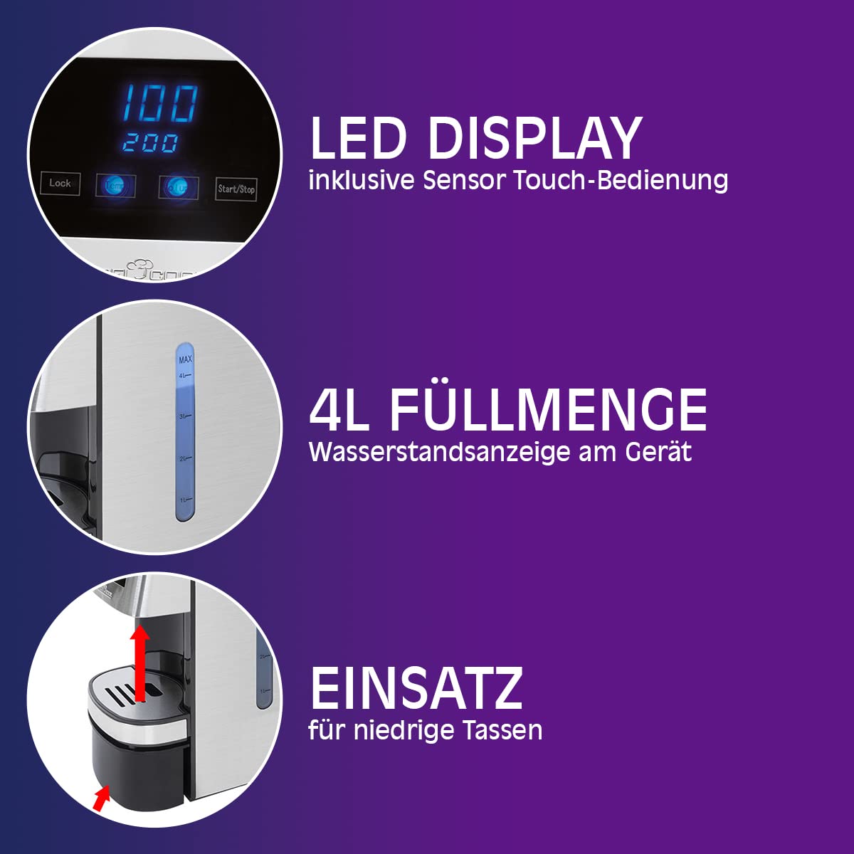 ProfiCook® Heißwasserspender | heißes Wasser in 3 Sekunden | Wasserkocher | kochendes Wasser auf Knopfdruck | Edelstahlgehäuse | LED-Display mit Sensor Touch-Bedienung | 2600 Watt | PC-HWS 1145