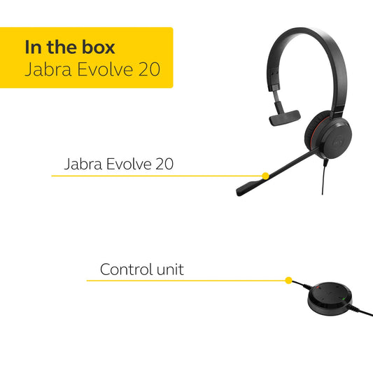 Jabra Evolve 20 Mono Headset – Microsoft Certified Headphones for VoIP Softphone with Passive Noise Cancellation – USB-Cable with Controller – Black