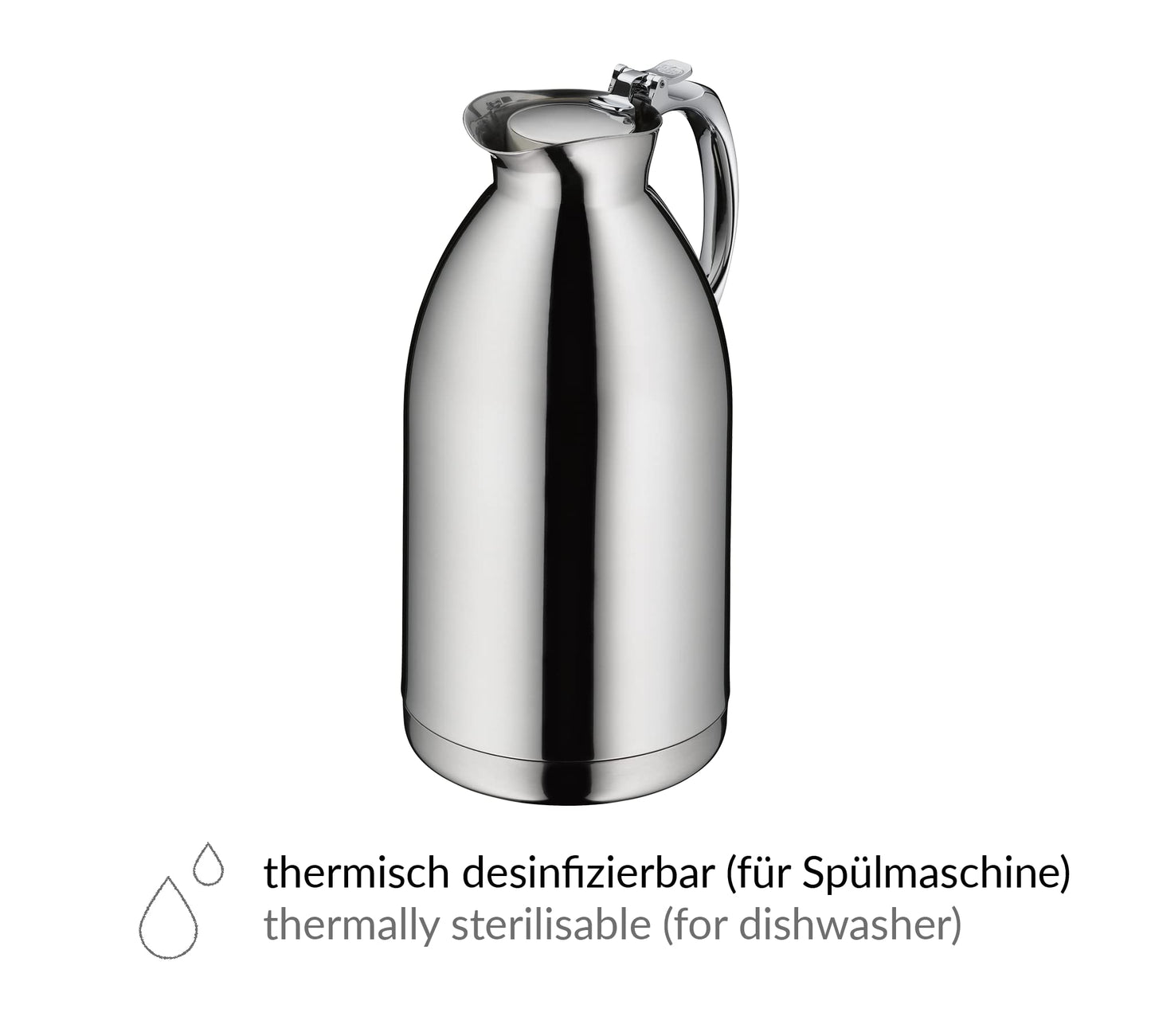 alfi HOTELLO 1,5l, Isolierkanne aus doppelwandigem Edelstahl, hält 4 Stunden warm, 6 Stunden kalt, locker aufliegender Deckel, mit einer Hand ausgießen, plastikfrei, spülmaschinenfest, für Gastronomie
